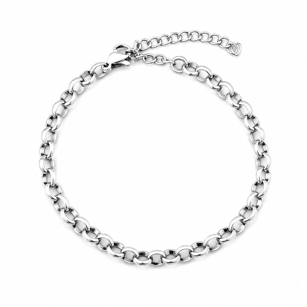 Pulsera de Cadena Eslabón Redondo de 4 mm en Acero Inoxidable - Plateado sobre fondo blanco