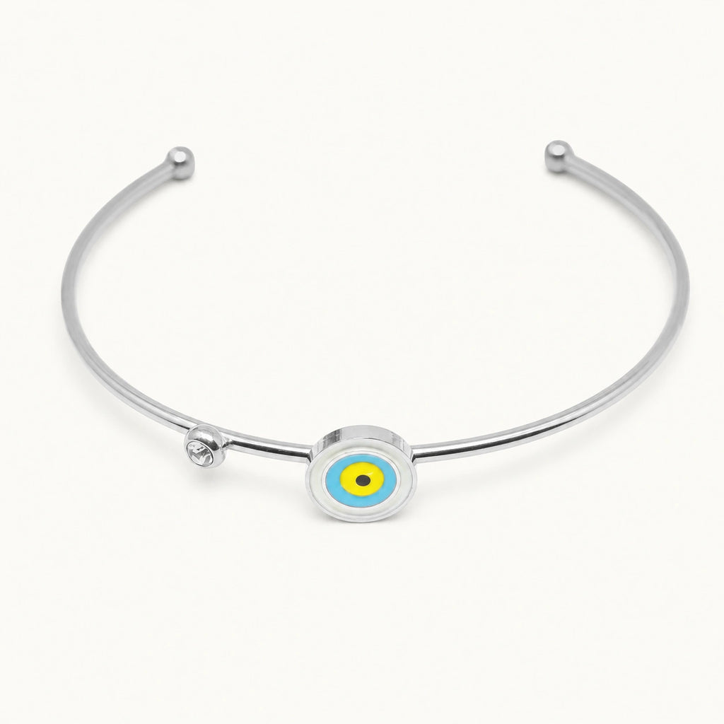 Brazalete Ojo Turco con Circonitas en Acero Inoxidable - Plateado sobre fondo blanco