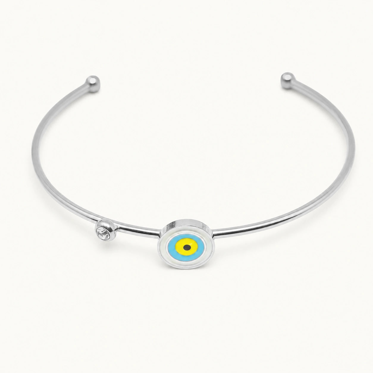 Brazalete Ojo Turco con Circonitas en Acero Inoxidable - Plateado sobre fondo blanco