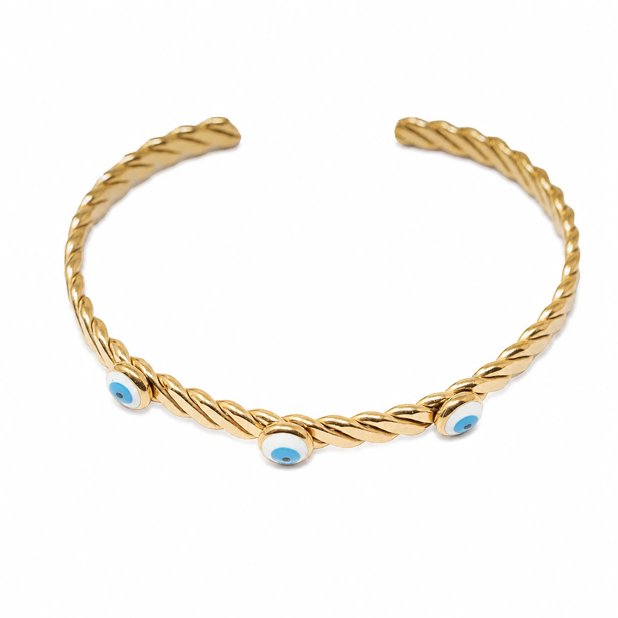Brazalete Trenzado con Tres Ojos Turcos en Acero Inoxidable - Dorado sobre fondo blanco