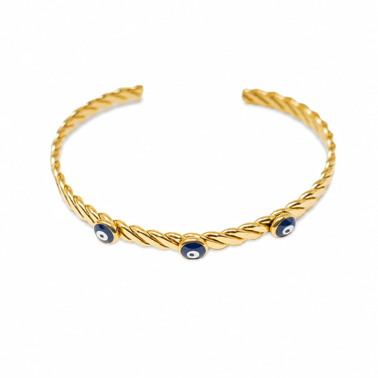 Brazalete Trenzado con Ojos Turcos en Acero Inoxidable - Dorado sobre fondo blanco