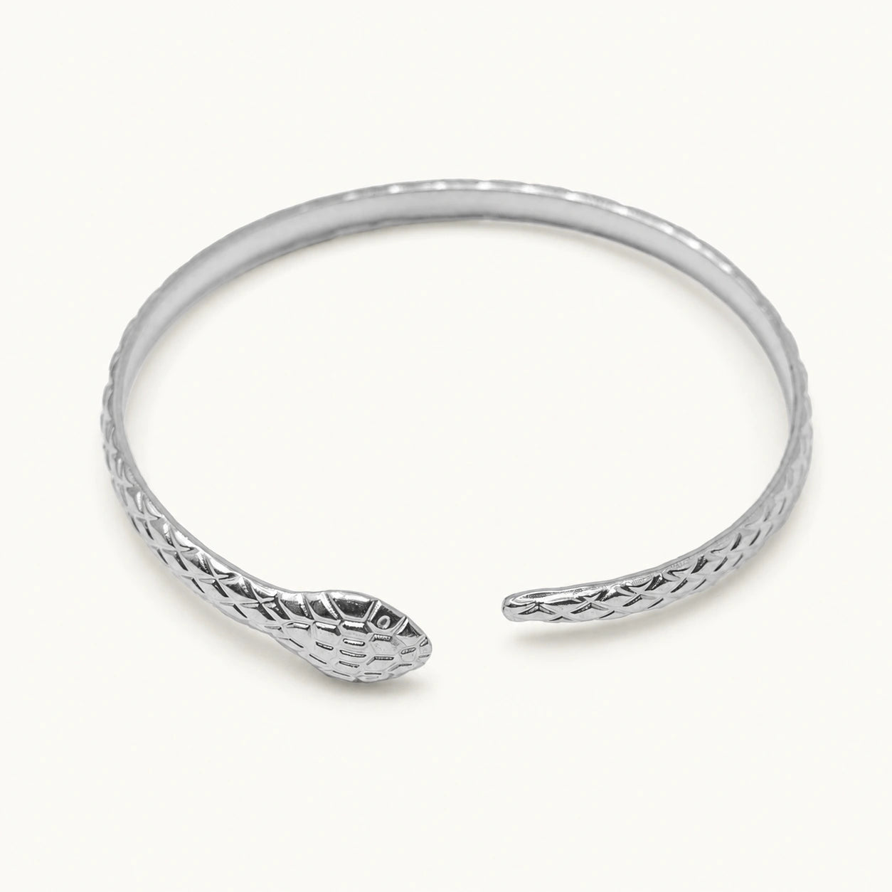 Brazalete Serpiente con Relieve en Acero Inoxidable - Plateado sobre fondo blanco