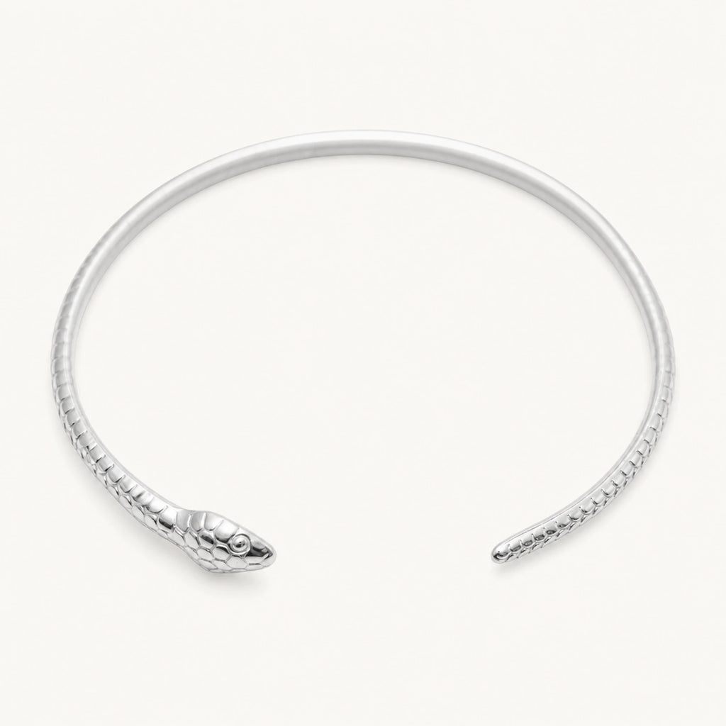 Brazalete Serpiente Minimalista en Acero Inoxidable - Plateado sobre fondo blanco