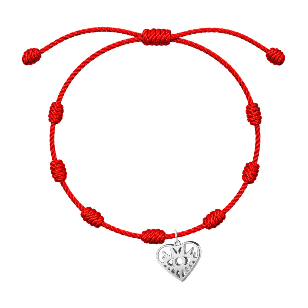 Pulsera 7 Nudos con Ojo Turco en Forma de Corazón Acero - Plateado sobre fondo blanco