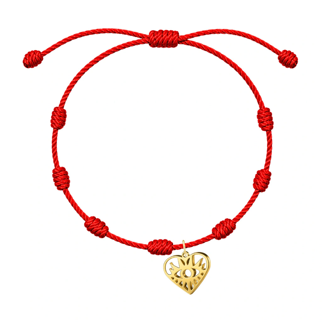 Pulsera 7 Nudos con Ojo Turco en Forma de Corazón Acero - Dorado sobre fondo blanco
