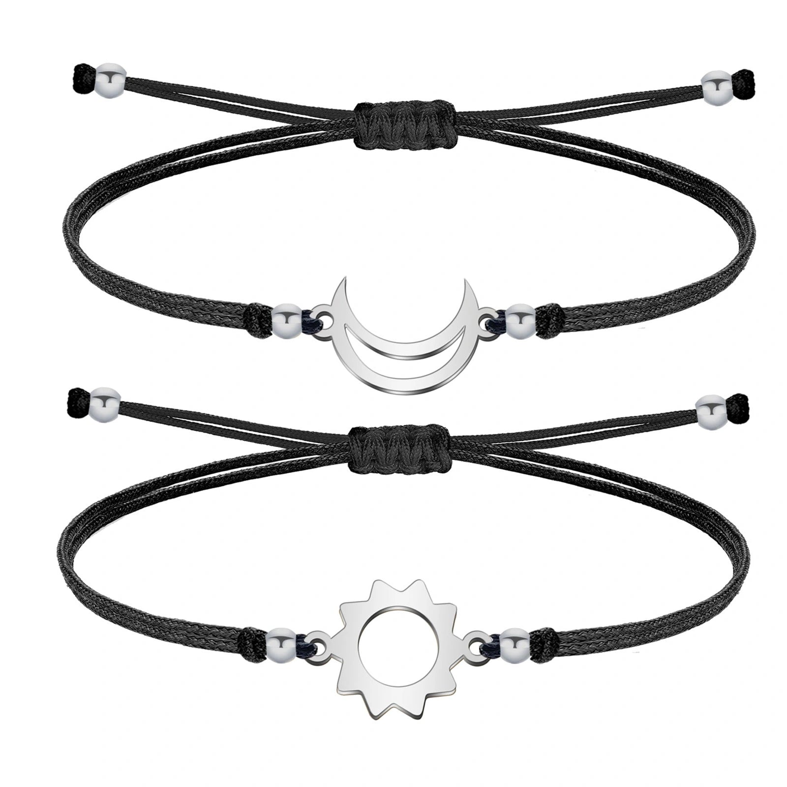 Pulsera de Hilo con Luna y Sol en Acero Inoxidable - Plateado sobre fondo blanco
