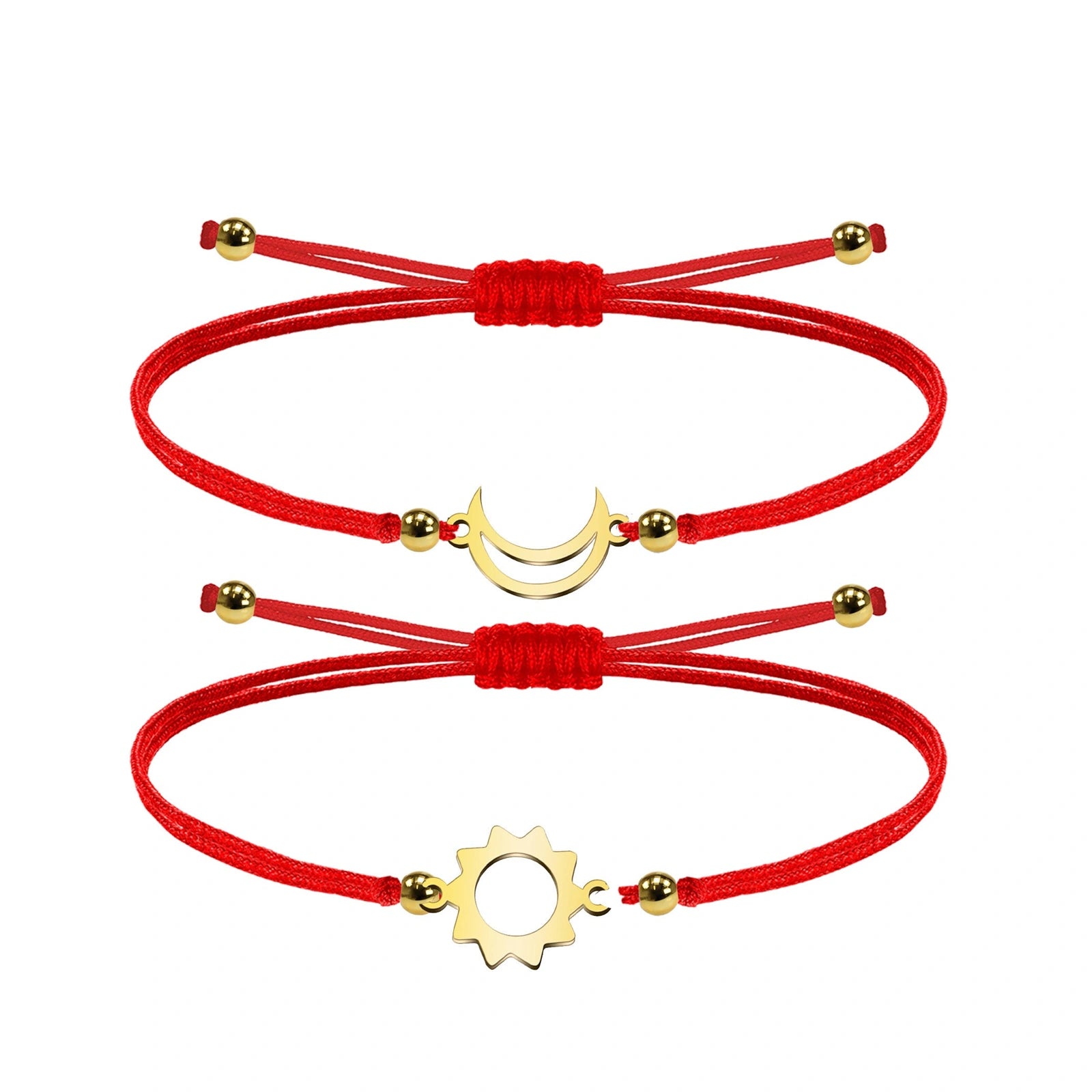 Pulsera de Hilo con Luna y Sol en Acero Inoxidable - Dorado sobre fondo blanco