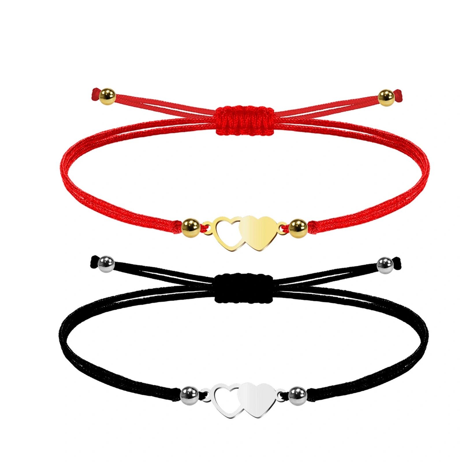 Pulsera de Hilo con Dos Corazones en Acero Inoxidable sobre fondo blanco