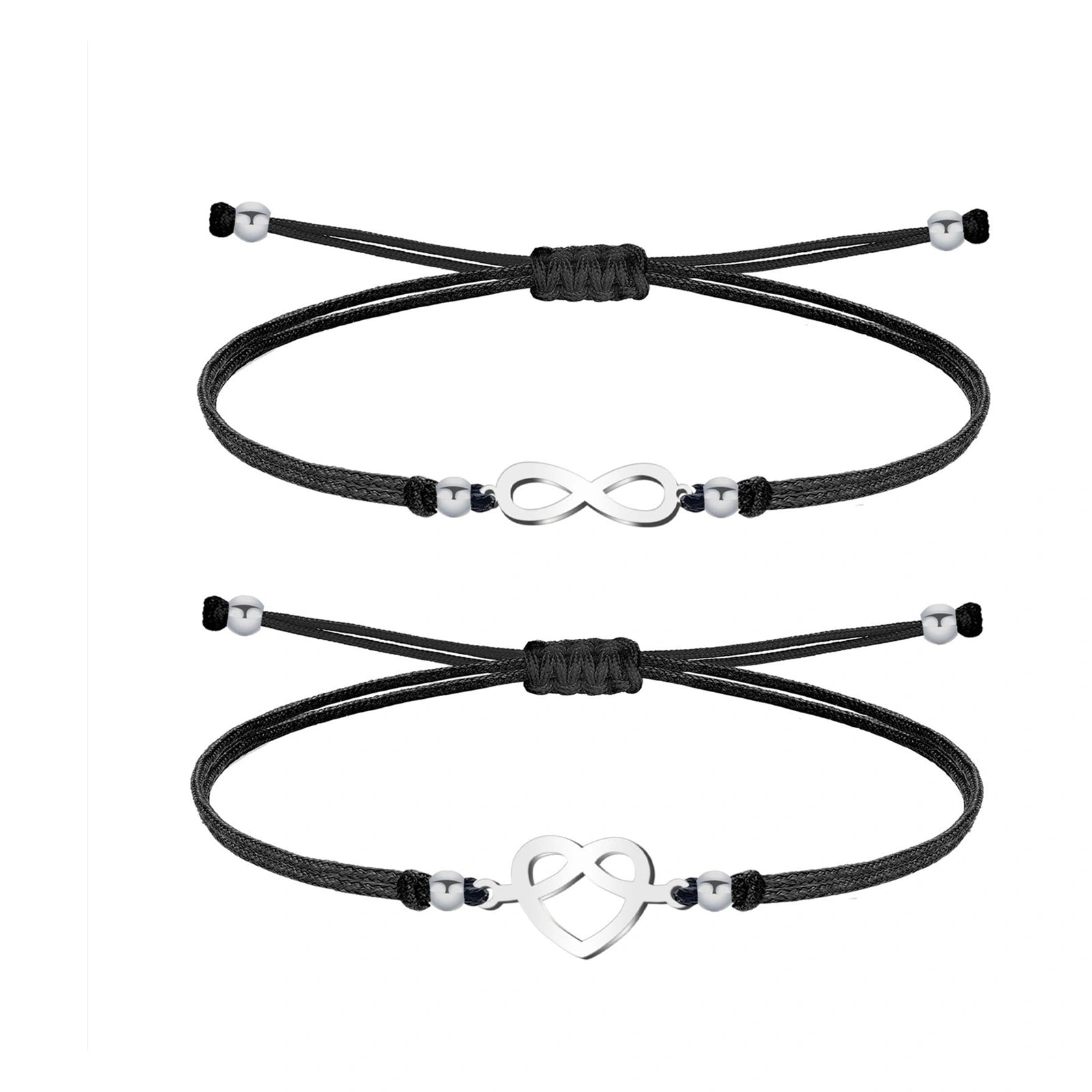 Pulsera de Hilo con Corazón e Infinito en Acero Inoxidable - Plateado sobre fondo blanco