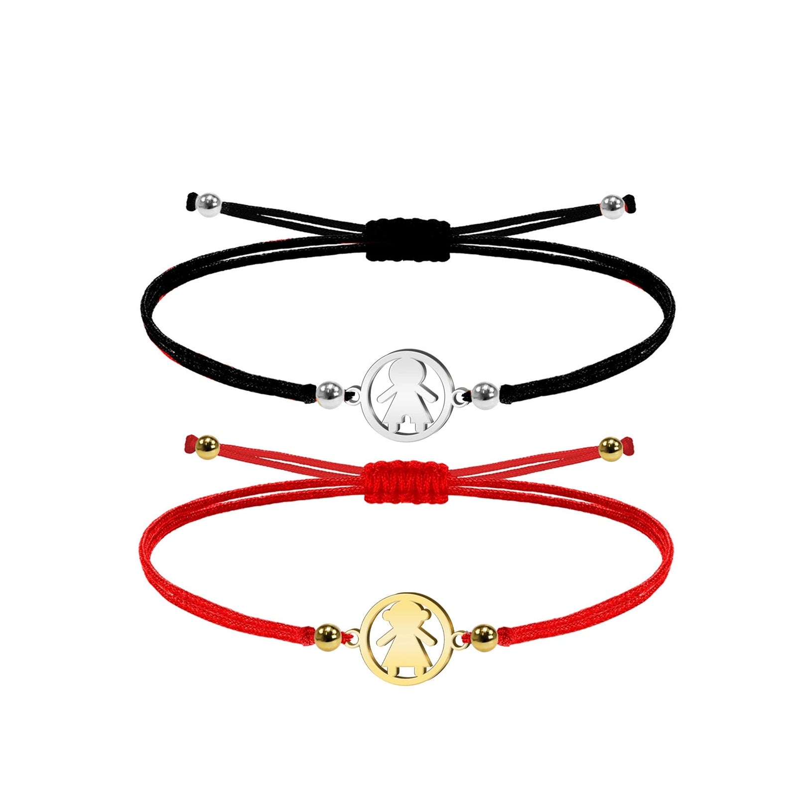 Pulsera de Hilo con Símbolos Masculino y Femenino en Acero Inoxidable sobre fondo blanco