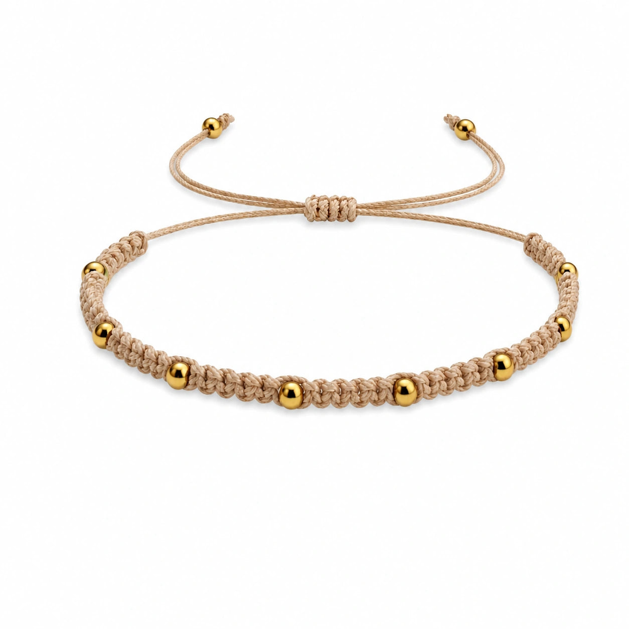 Pulsera de Hilo Encerado con Cuentas de Acero Inoxidable - Beige sobre fondo blanco