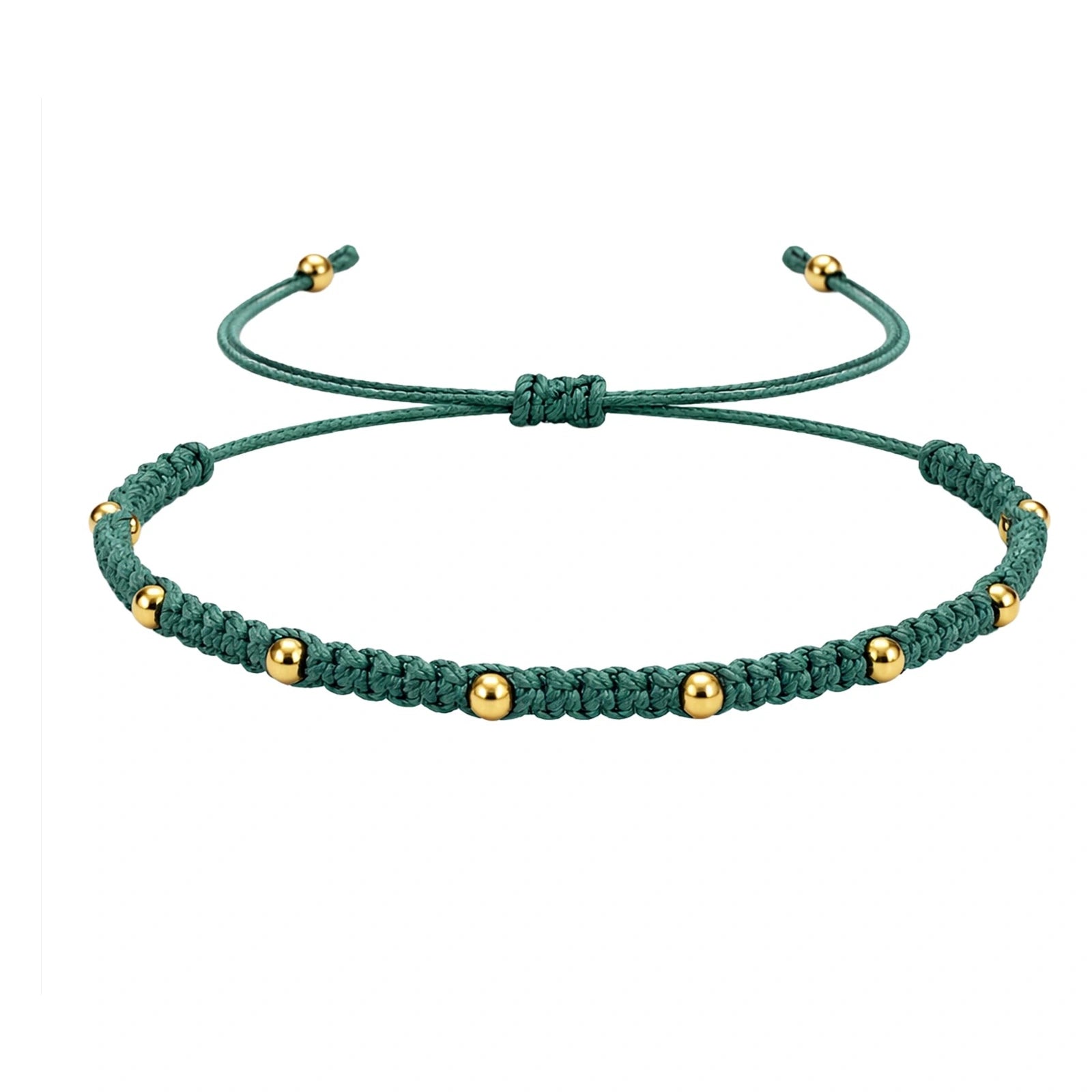 Pulsera de Hilo Encerado con Cuentas de Acero Inoxidable - Verde Oscuro sobre fondo blanco