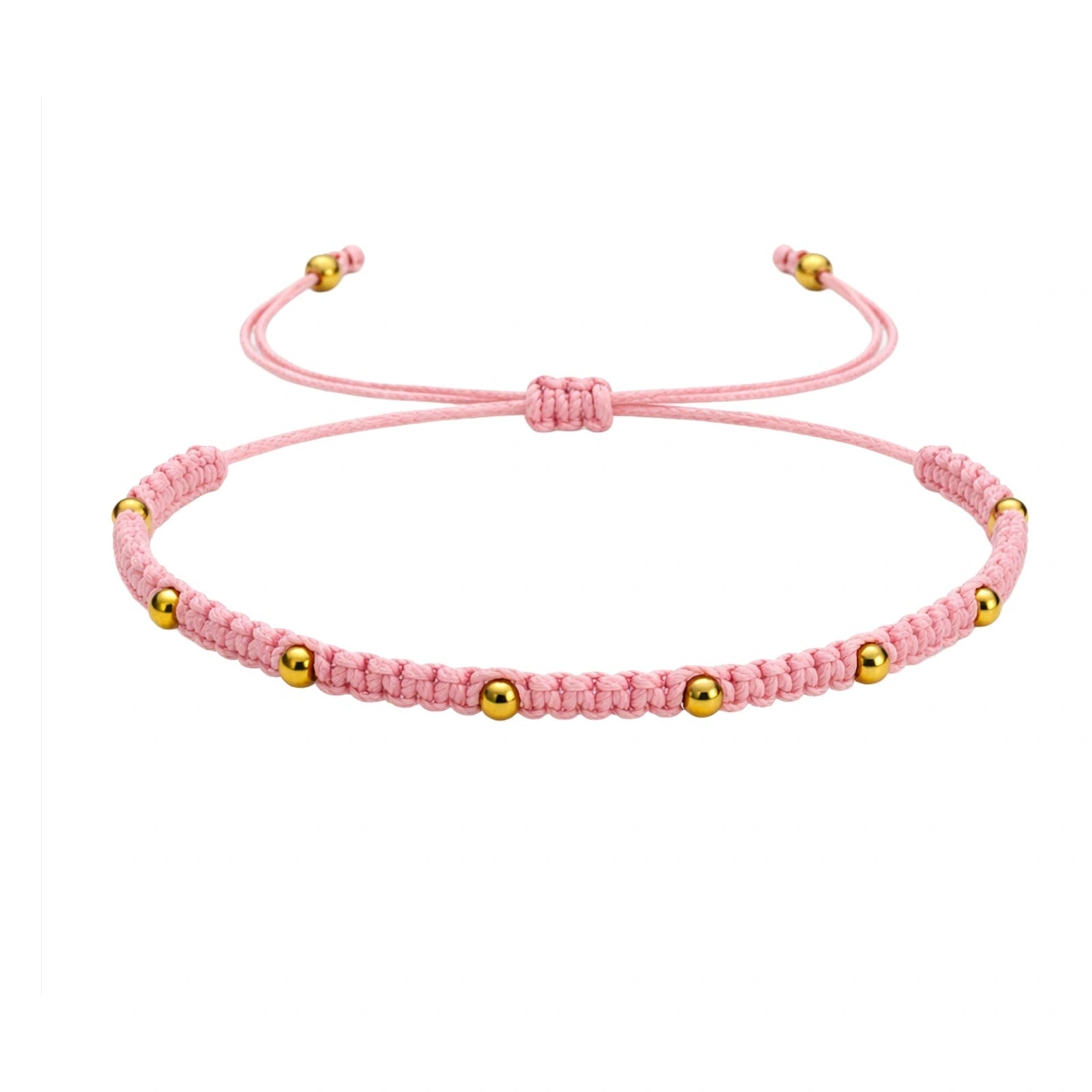 Pulsera de Hilo Encerado con Cuentas de Acero Inoxidable - Rosa sobre fondo blanco