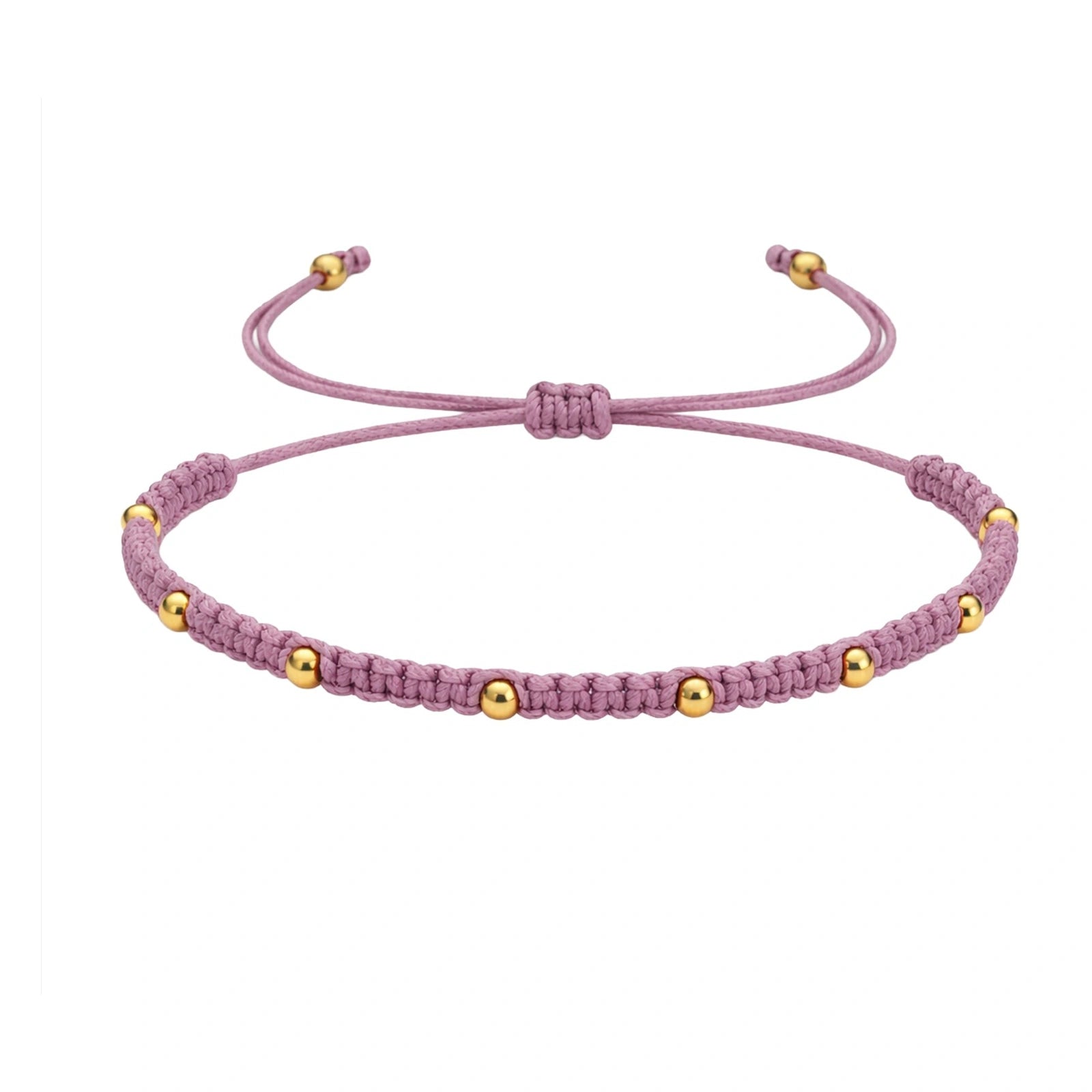 Pulsera de Hilo Encerado con Cuentas de Acero Inoxidable - Morado sobre fondo blanco