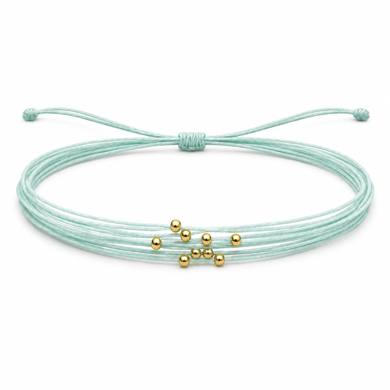 Pulsera Multihilo Encerado con Cuentas de Acero Inoxidable - Azul Cian sobre fondo blanco