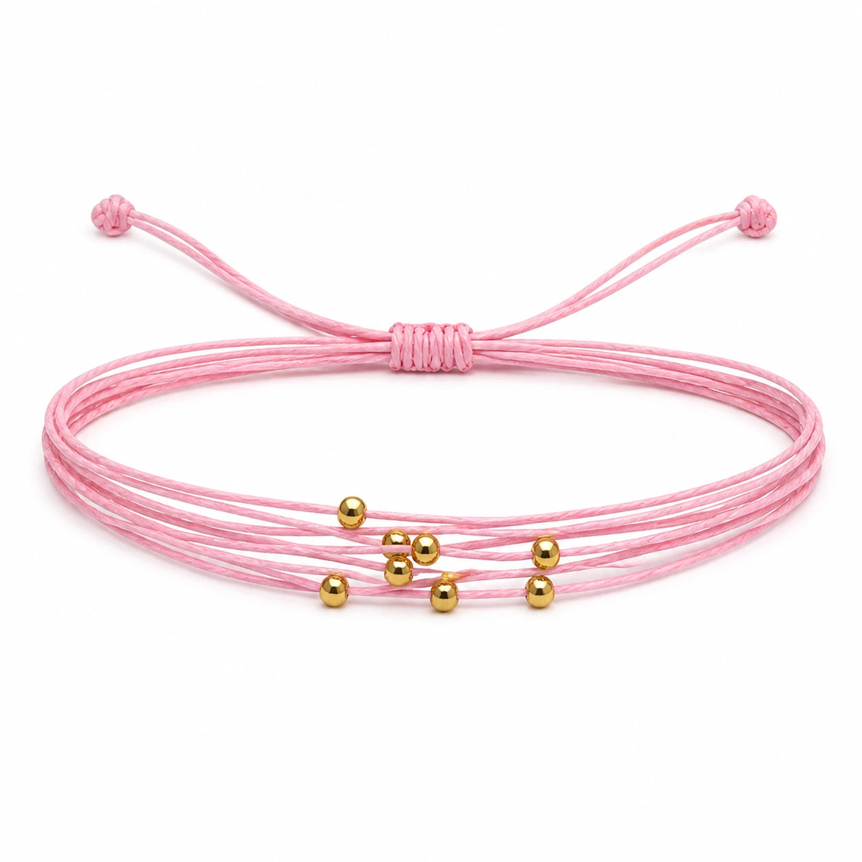 Pulsera Multihilo Encerado con Cuentas de Acero Inoxidable - Rosa sobre fondo blanco