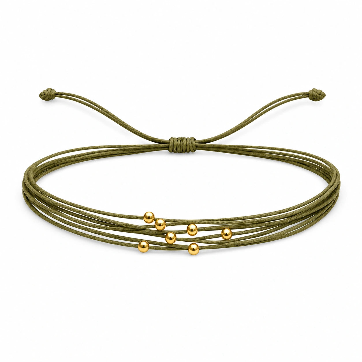Pulsera Multihilo Encerado con Cuentas de Acero Inoxidable - Verde Oliva sobre fondo blanco