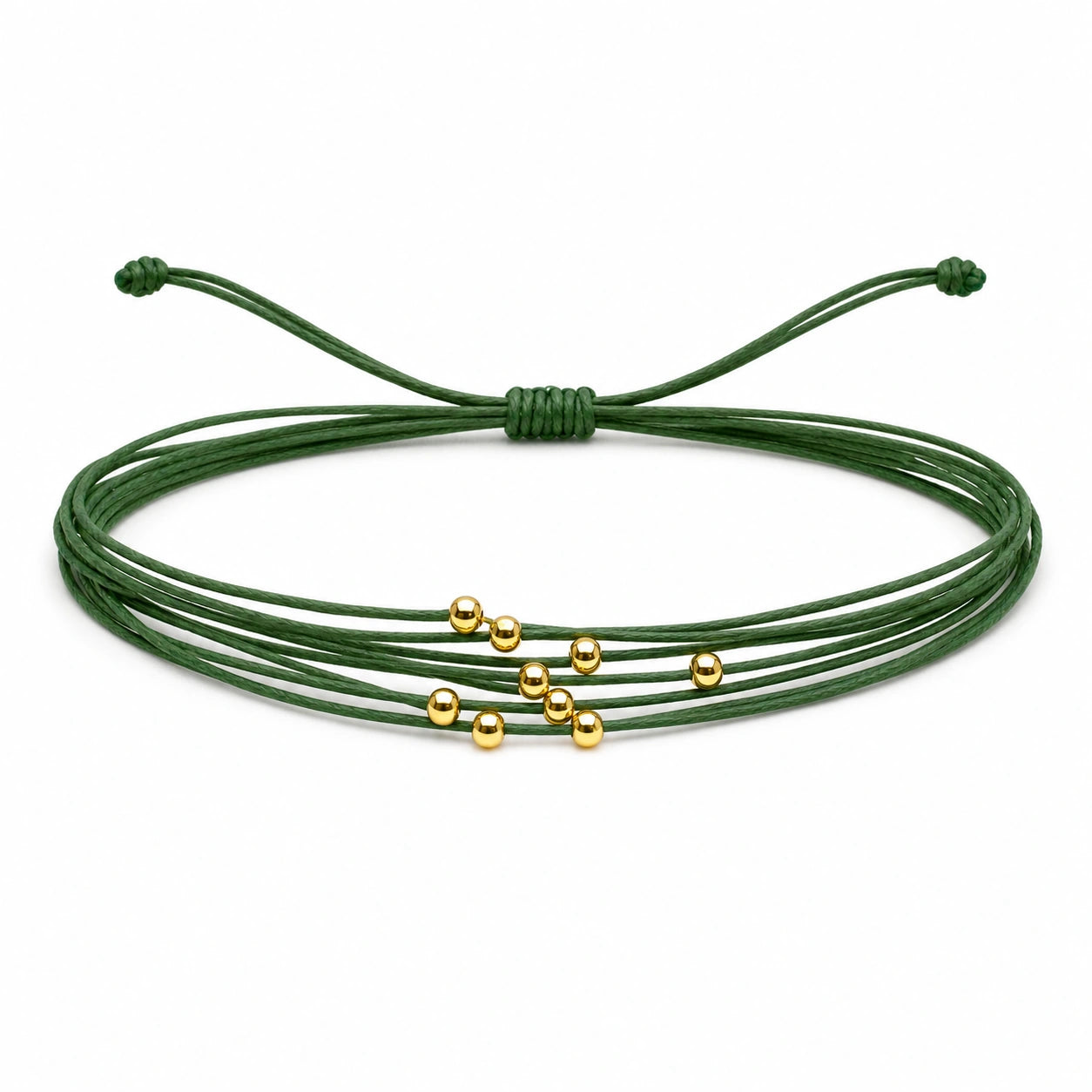 Pulsera Multihilo Encerado con Cuentas de Acero Inoxidable - Verde Oscuro sobre fondo blanco