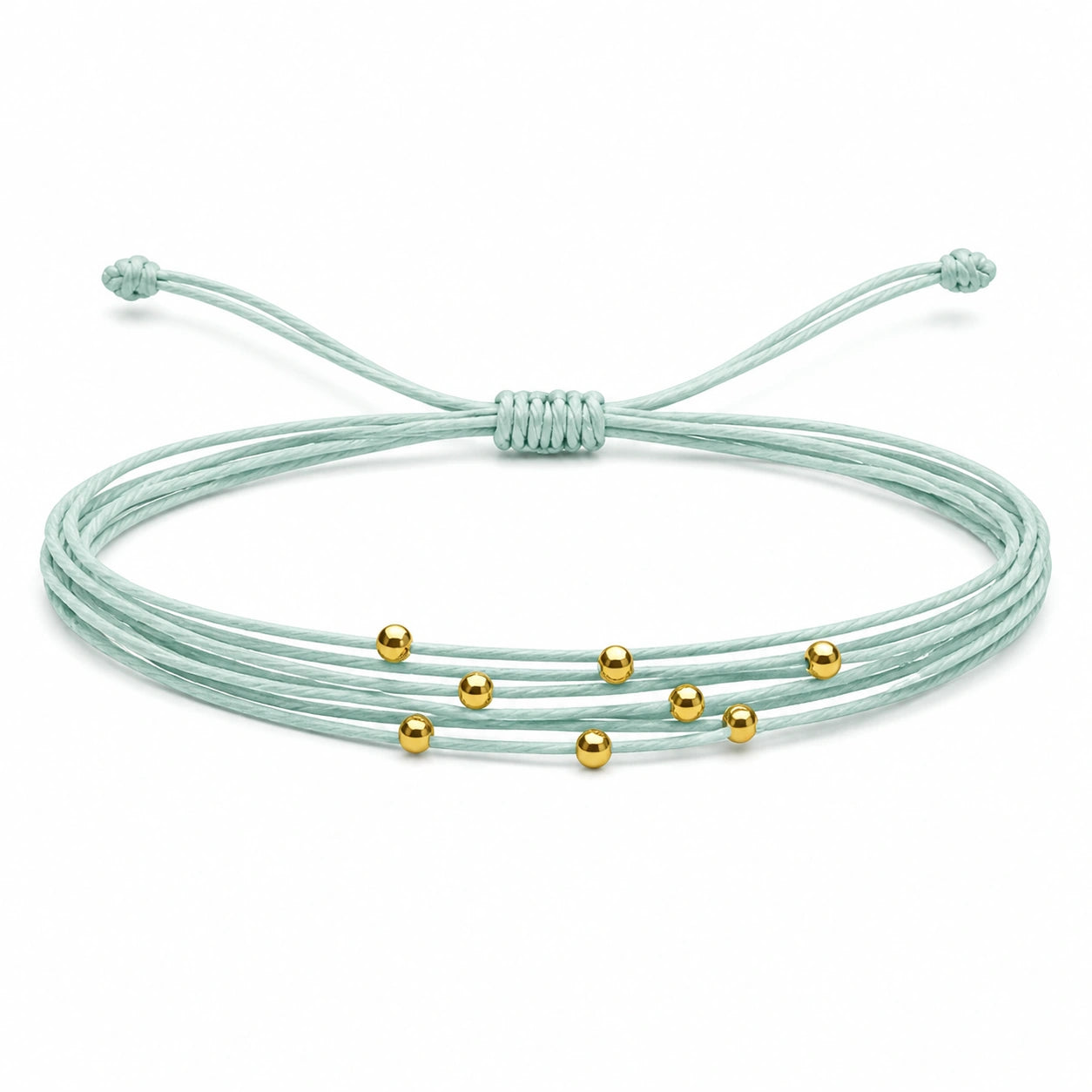 Pulsera Multihilo Encerado con Cuentas de Acero Inoxidable - Verde Menta sobre fondo blanco
