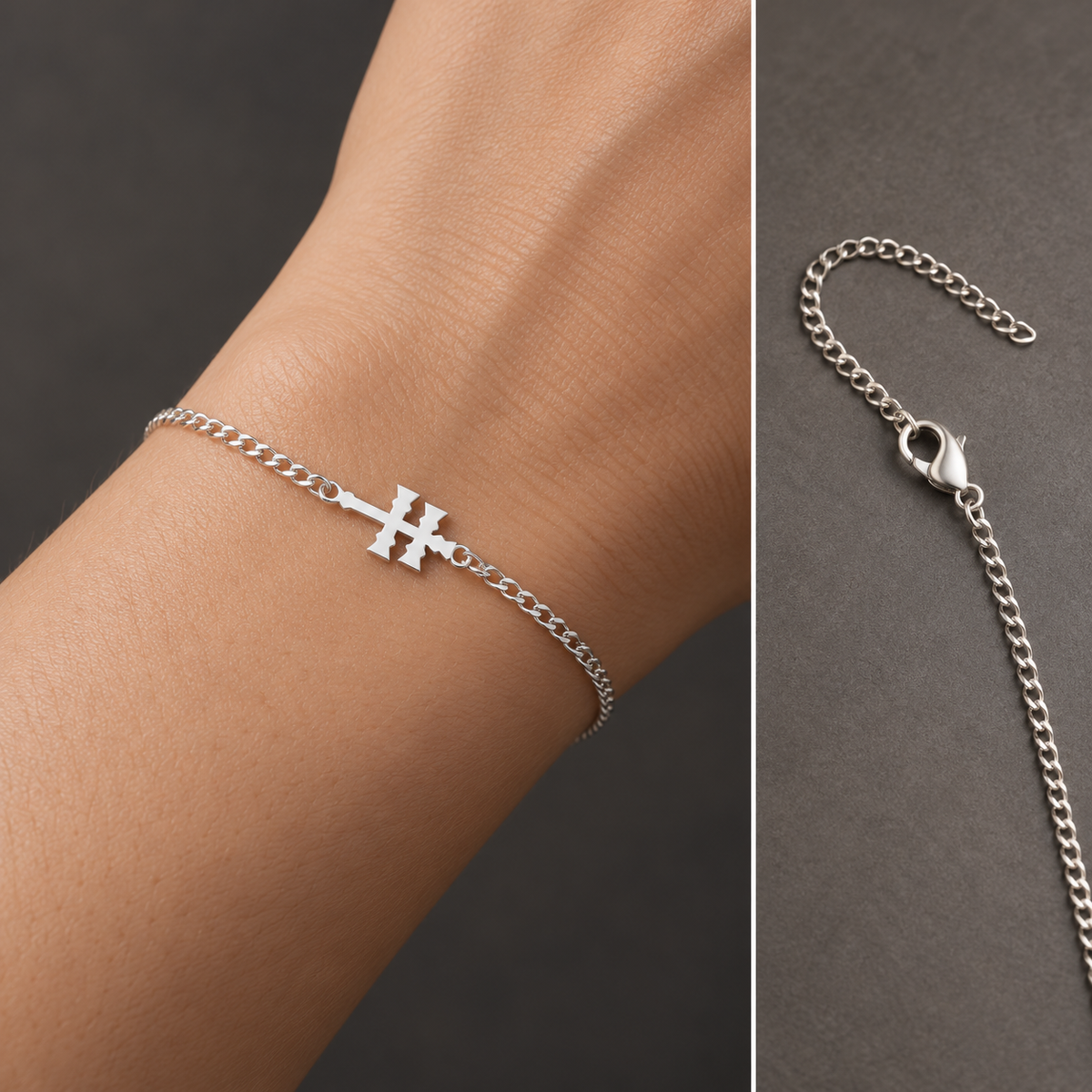 Pulsera plateada con Cruz de Caravaca en la muñeca y vista del cierre. Escena ilustrativa generada con IA.