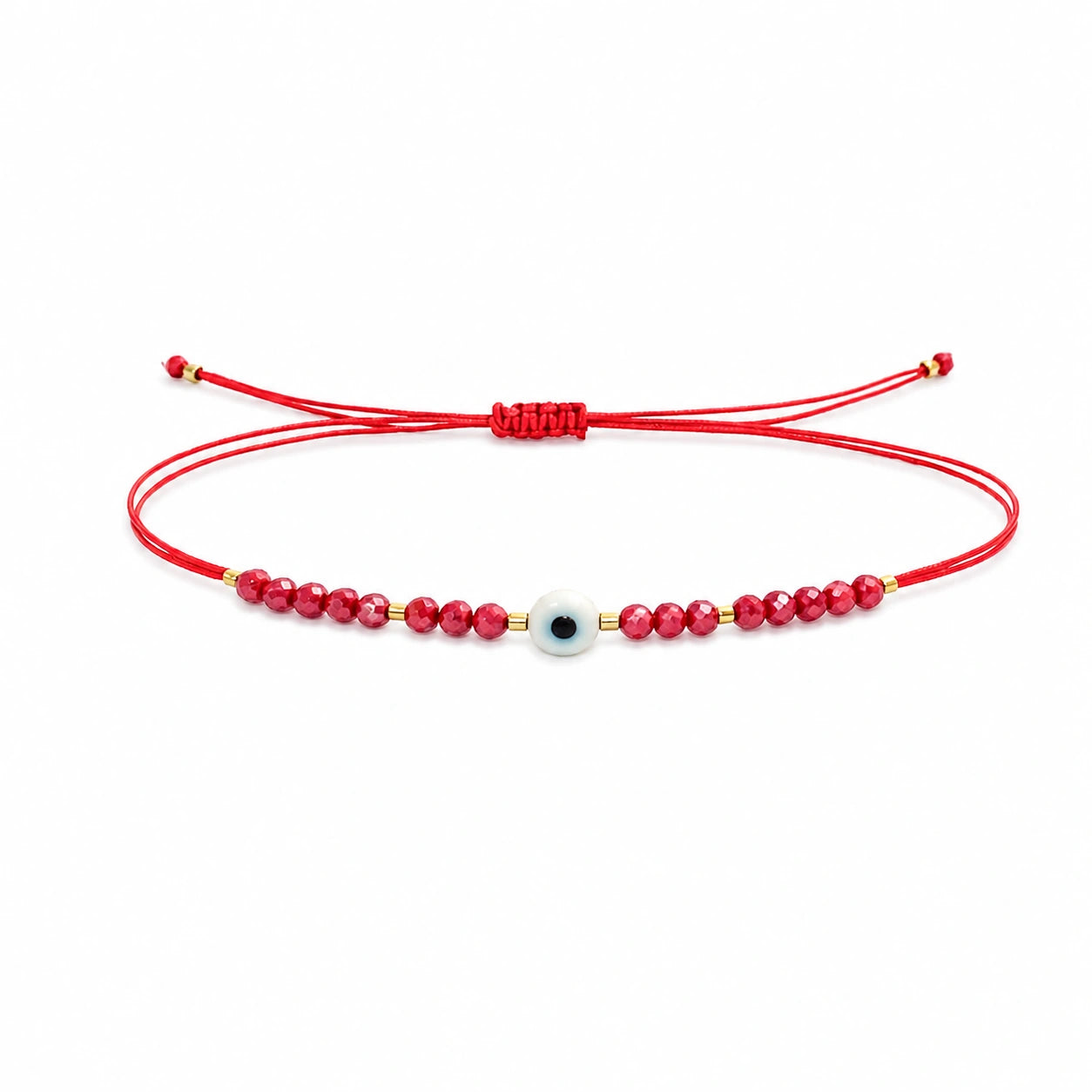 Pulsera de Hilo con Cuentas y Ojo Turco - Rojo sobre fondo blanco