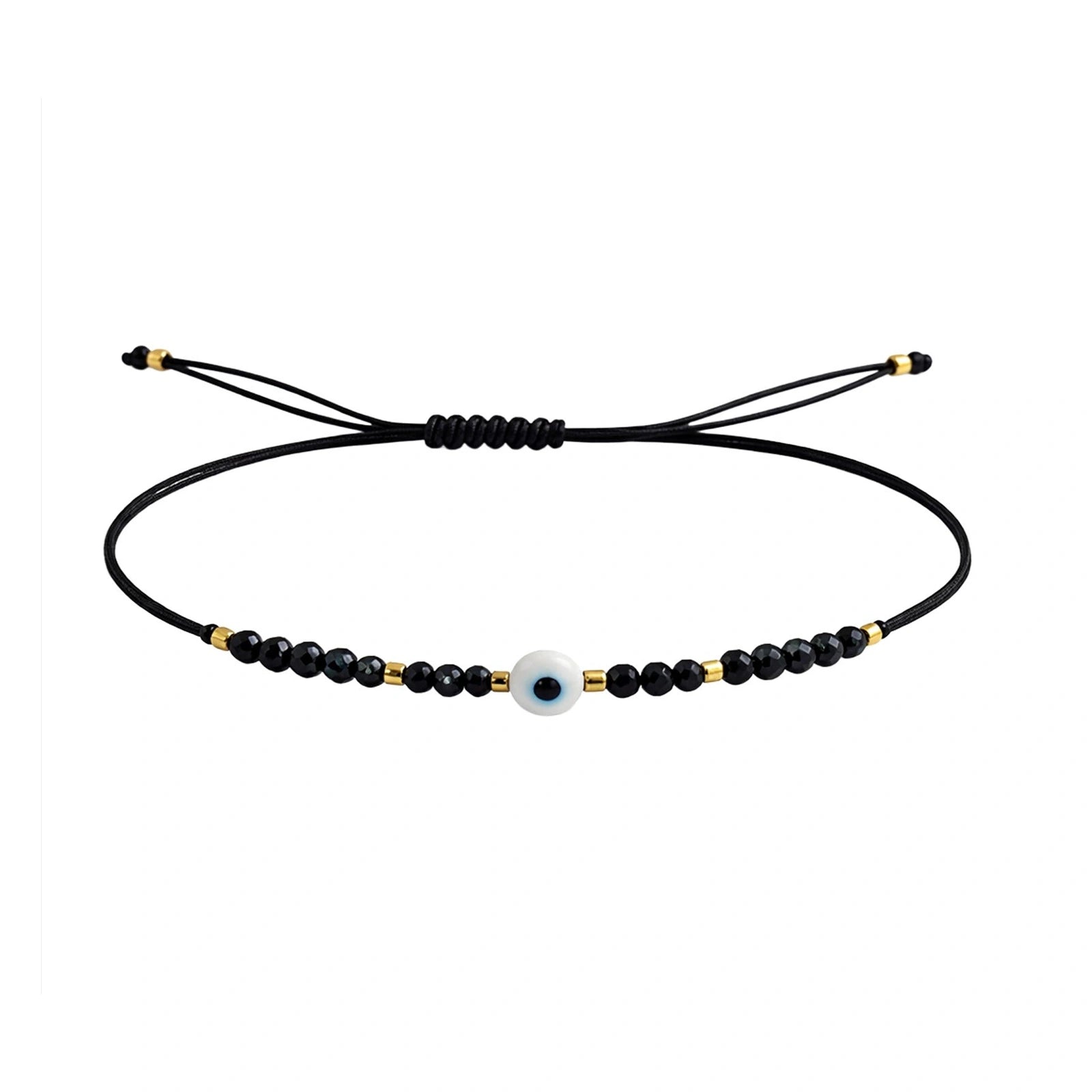 Pulsera de Hilo con Cuentas y Ojo Turco - Negro sobre fondo blanco