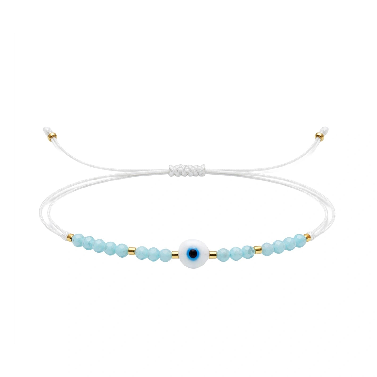 Pulsera de Hilo con Cuentas y Ojo Turco - Azul Claro sobre fondo blanco
