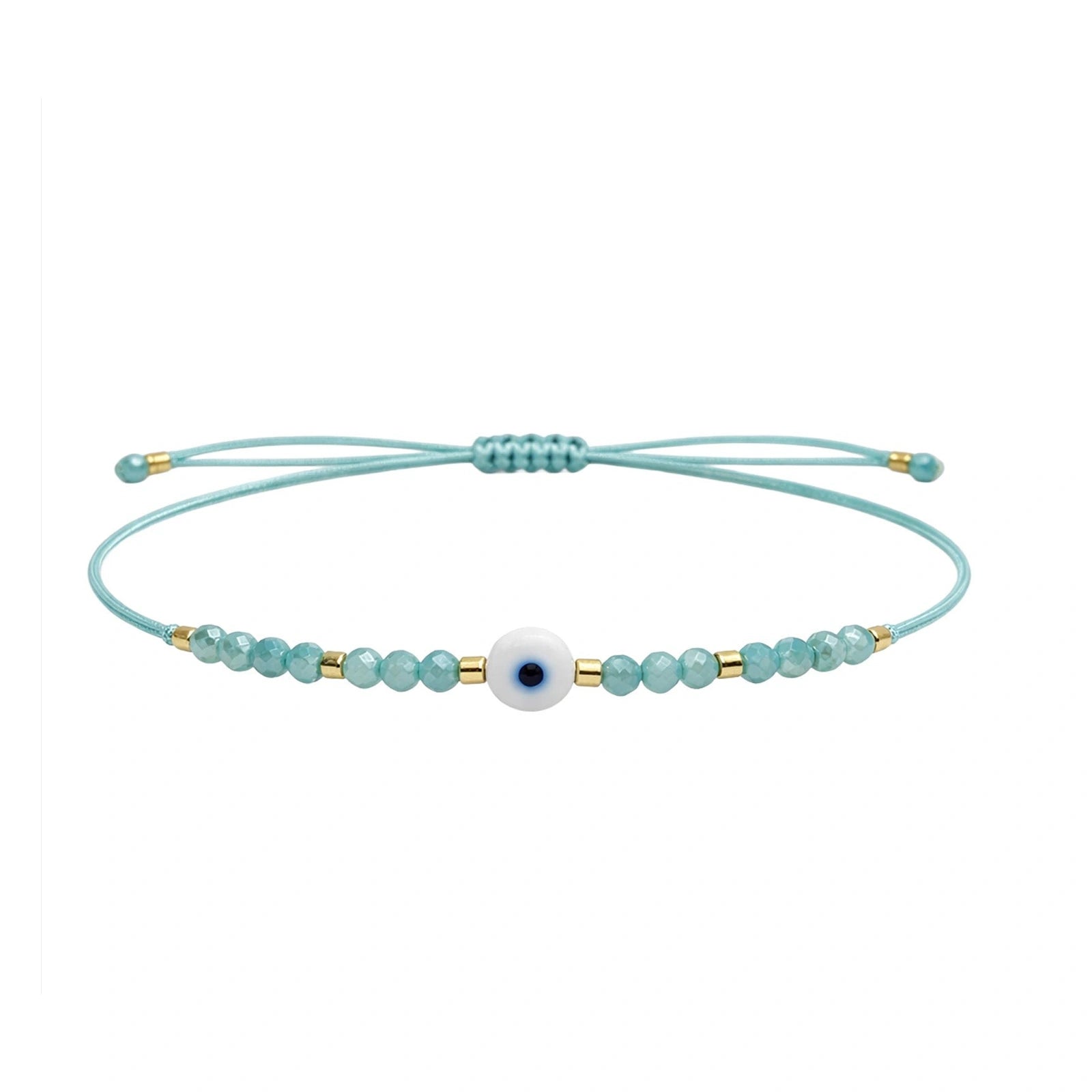 Pulsera de Hilo con Cuentas y Ojo Turco - Verde Menta sobre fondo blanco