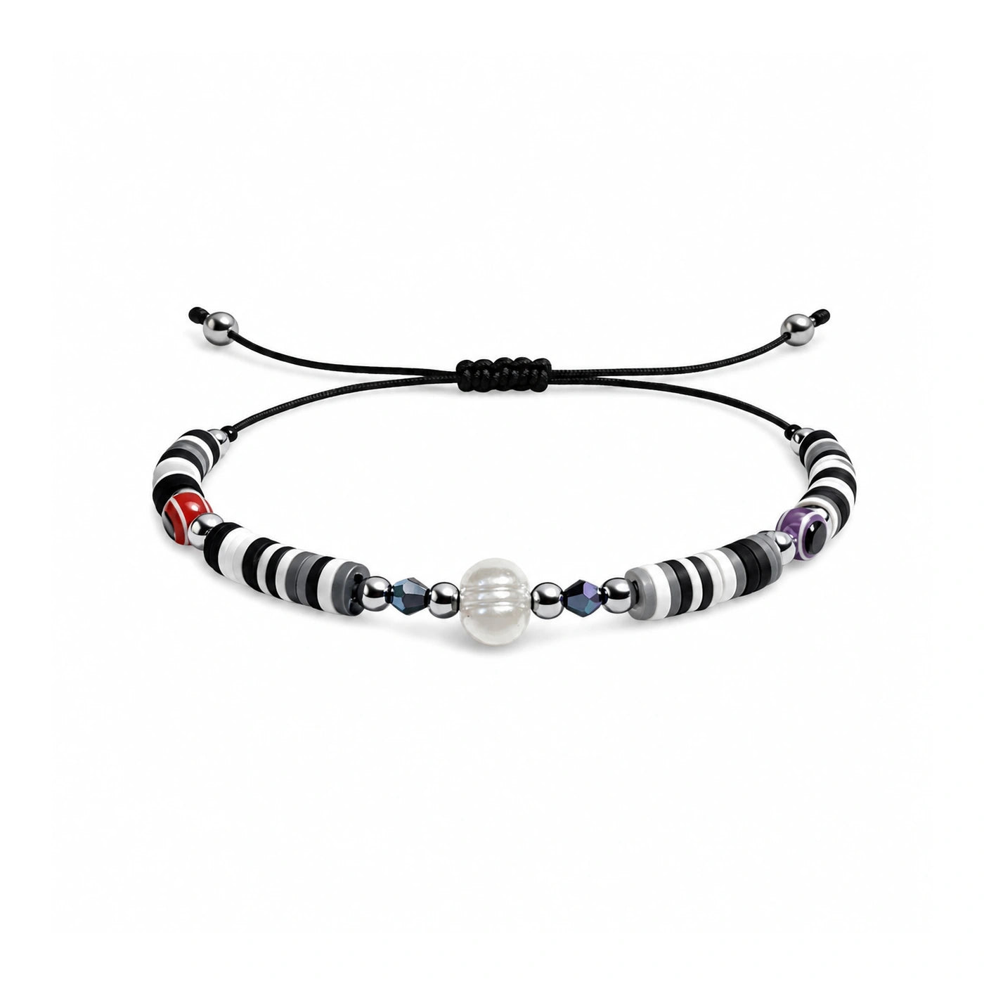 Pulsera de Hilo con Cuentas Heishi y Bola de Acero - Negro sobre fondo blanco
