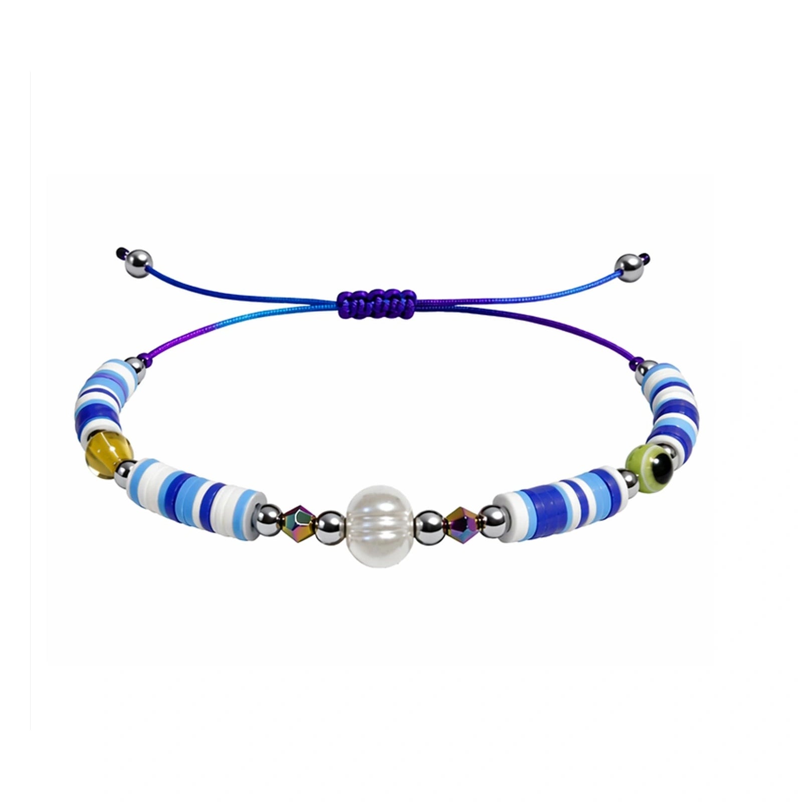 Pulsera de Hilo con Cuentas Heishi y Bola de Acero - Azul sobre fondo blanco