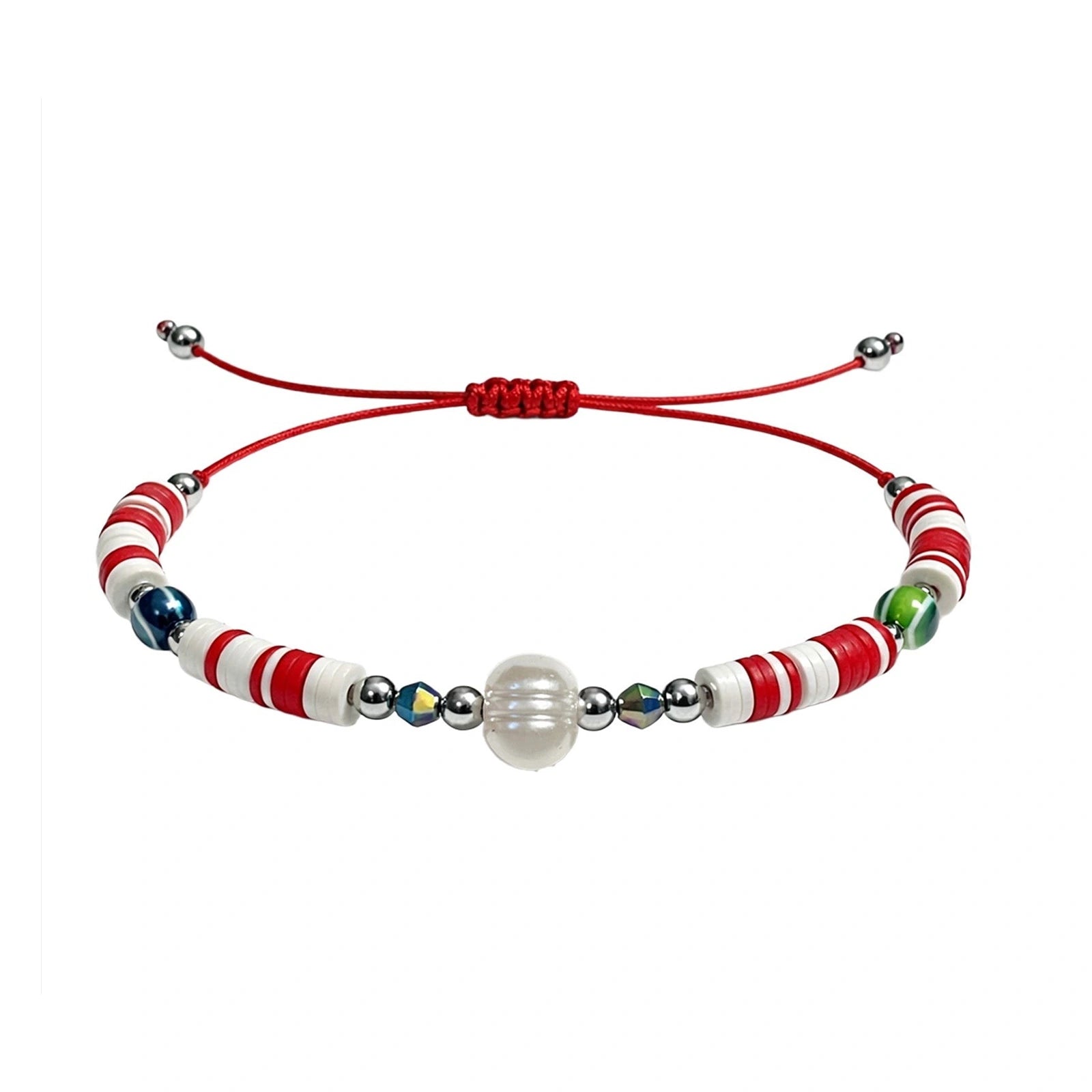 Pulsera de Hilo con Cuentas Heishi y Bola de Acero - Rojo sobre fondo blanco