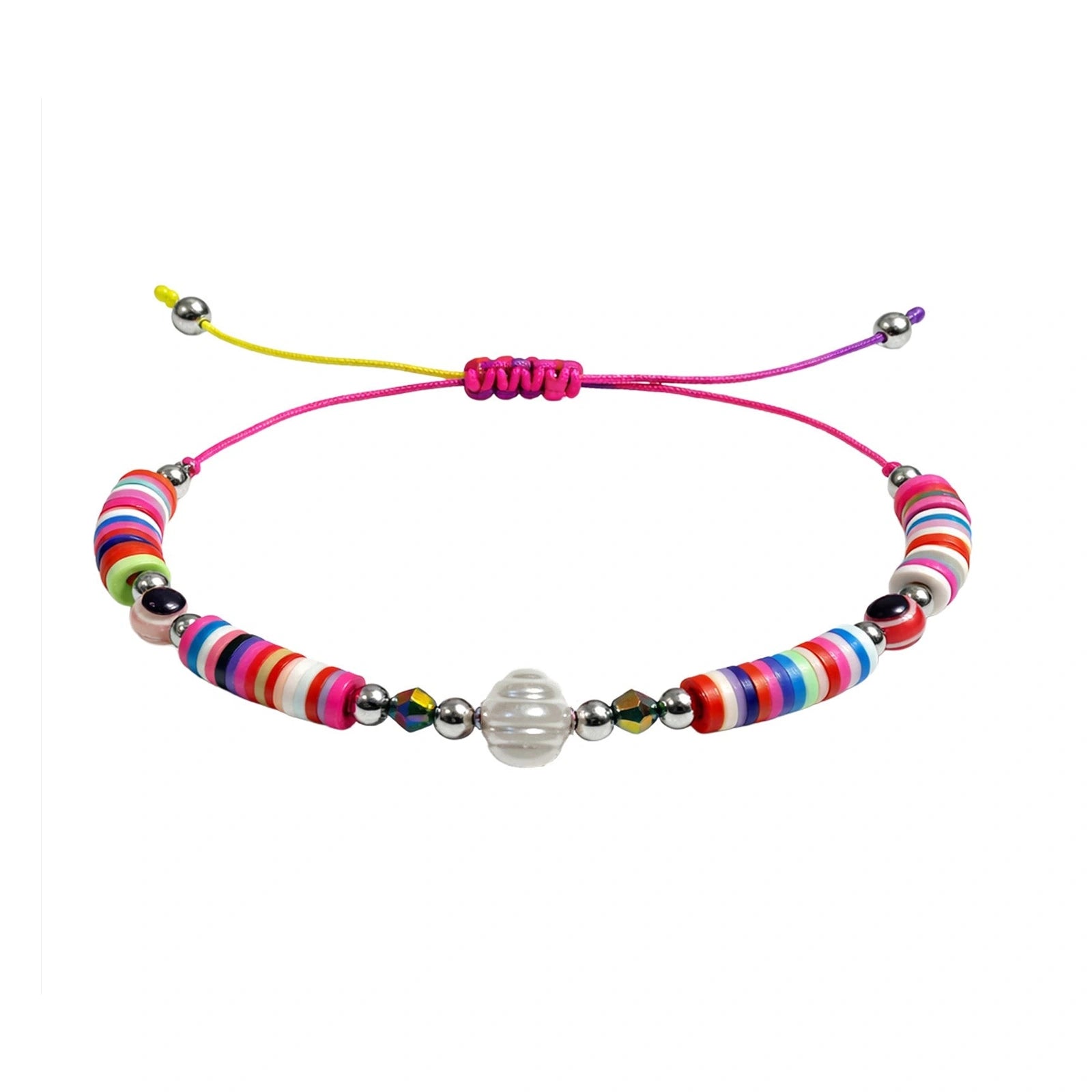 Pulsera de Hilo con Cuentas Heishi y Bola de Acero - Multicolor sobre fondo blanco