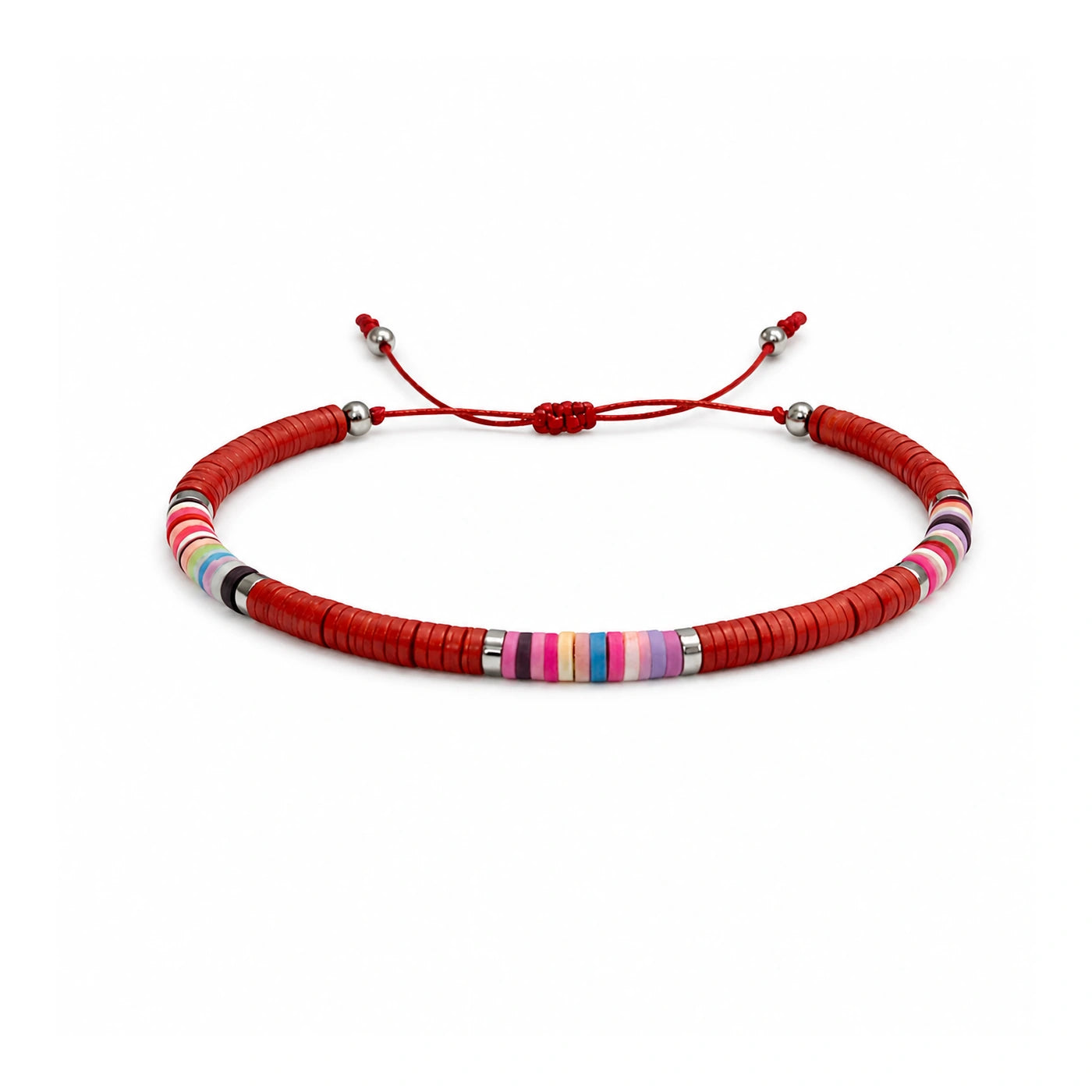 Pulsera de Hilo Encerado con Cuentas Heishi Multicolor - Rojo sobre fondo blanco