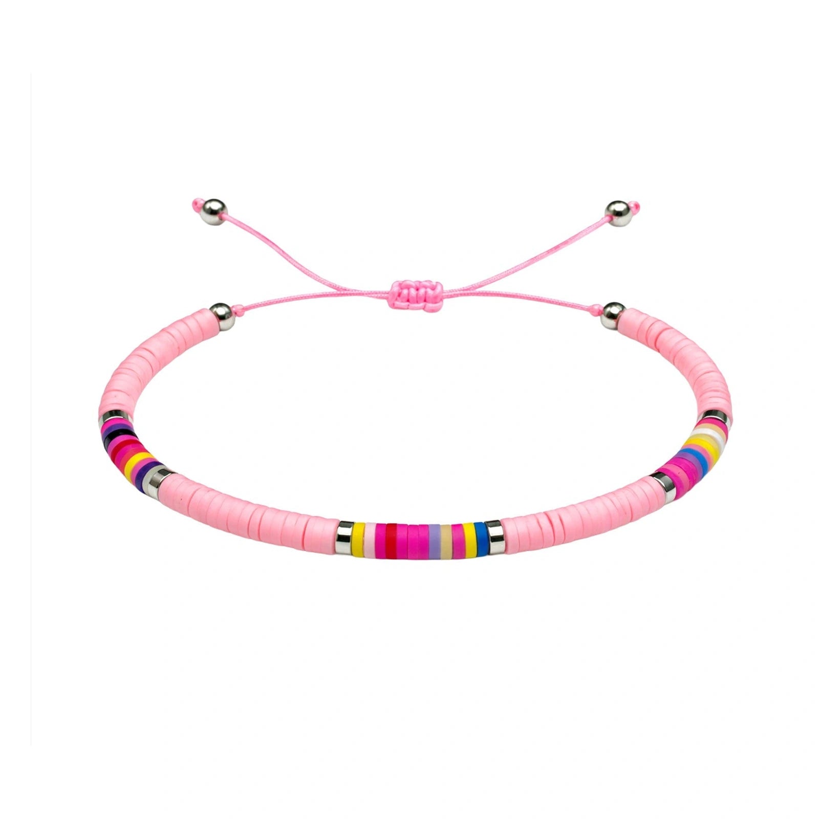 Pulsera de Hilo Encerado con Cuentas Heishi Multicolor - Rosa sobre fondo blanco
