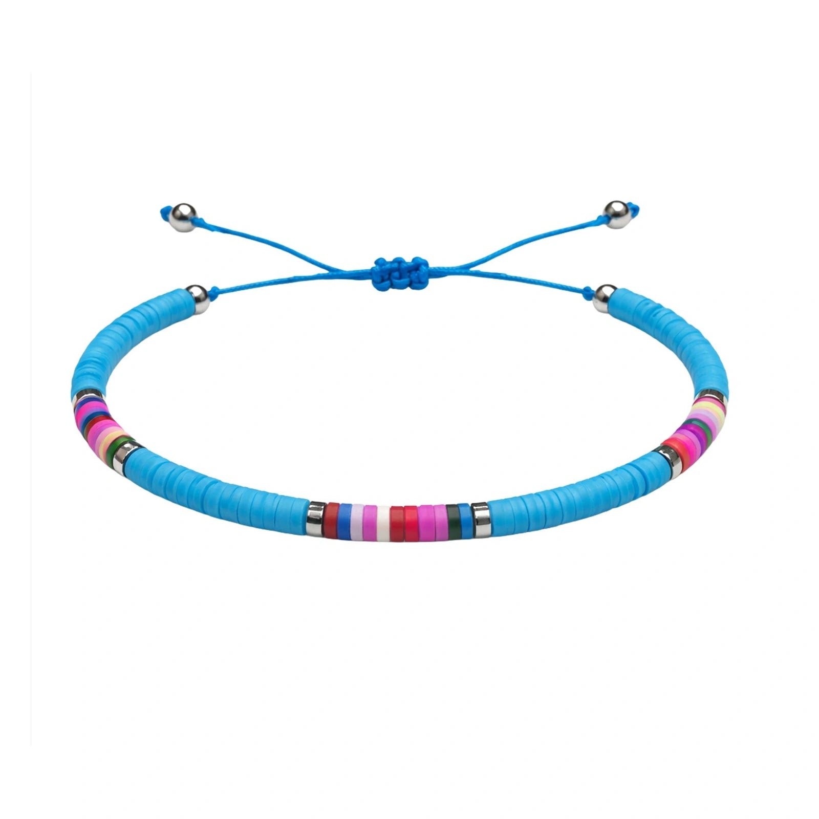 Pulsera de Hilo Encerado con Cuentas Heishi Multicolor - Azul Cian sobre fondo blanco