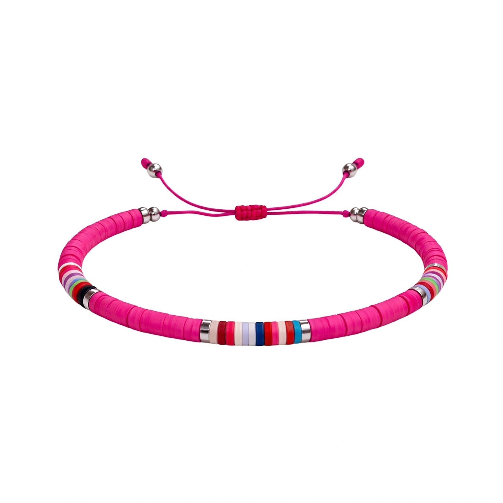 Pulsera de Hilo Encerado con Cuentas Heishi Multicolor - Fucsia sobre fondo blanco