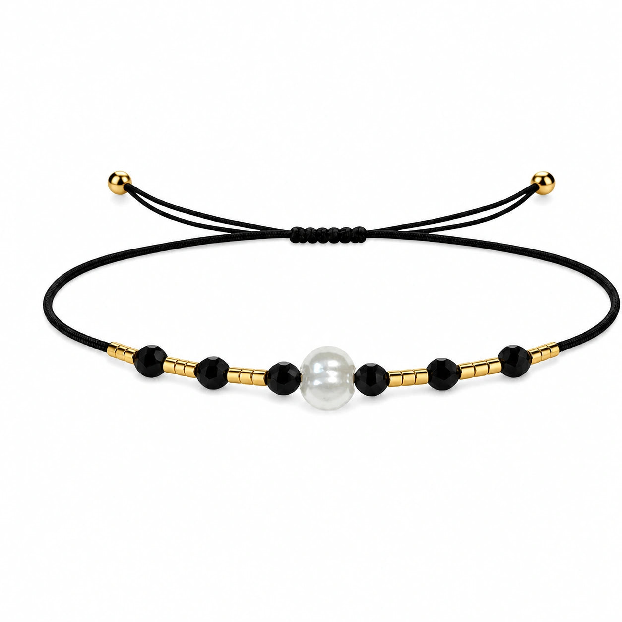 Pulsera de Hilo con Piedras Naturales y Bola de Acero - Negro sobre fondo blanco