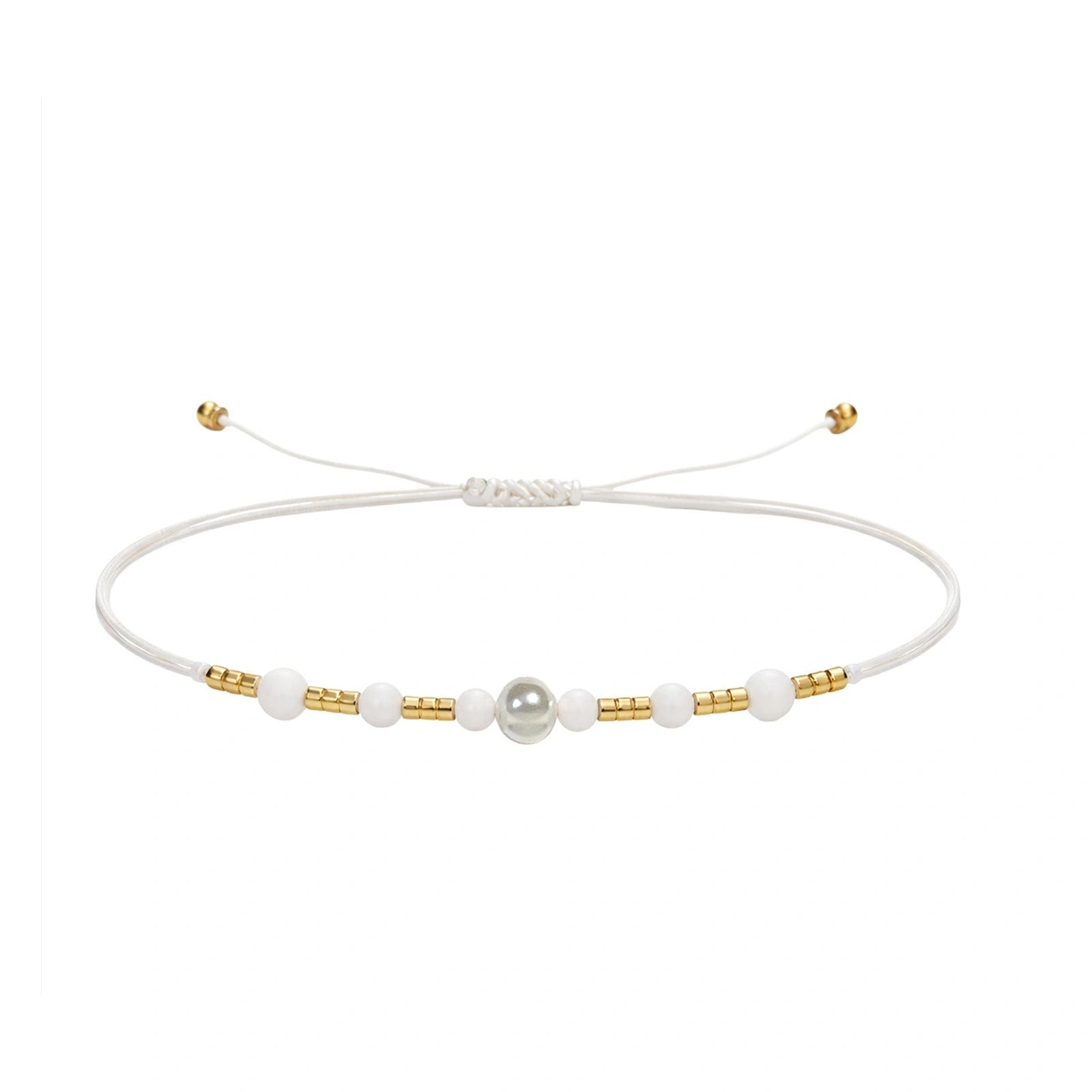 Pulsera de Hilo con Piedras Naturales y Bola de Acero - Blanco sobre fondo blanco