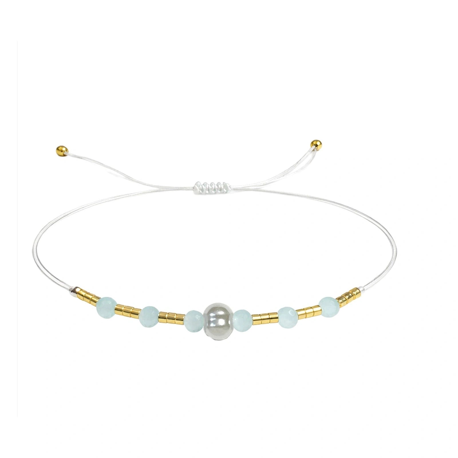 Pulsera de Hilo con Piedras Naturales y Bola de Acero - Azul Claro sobre fondo blanco