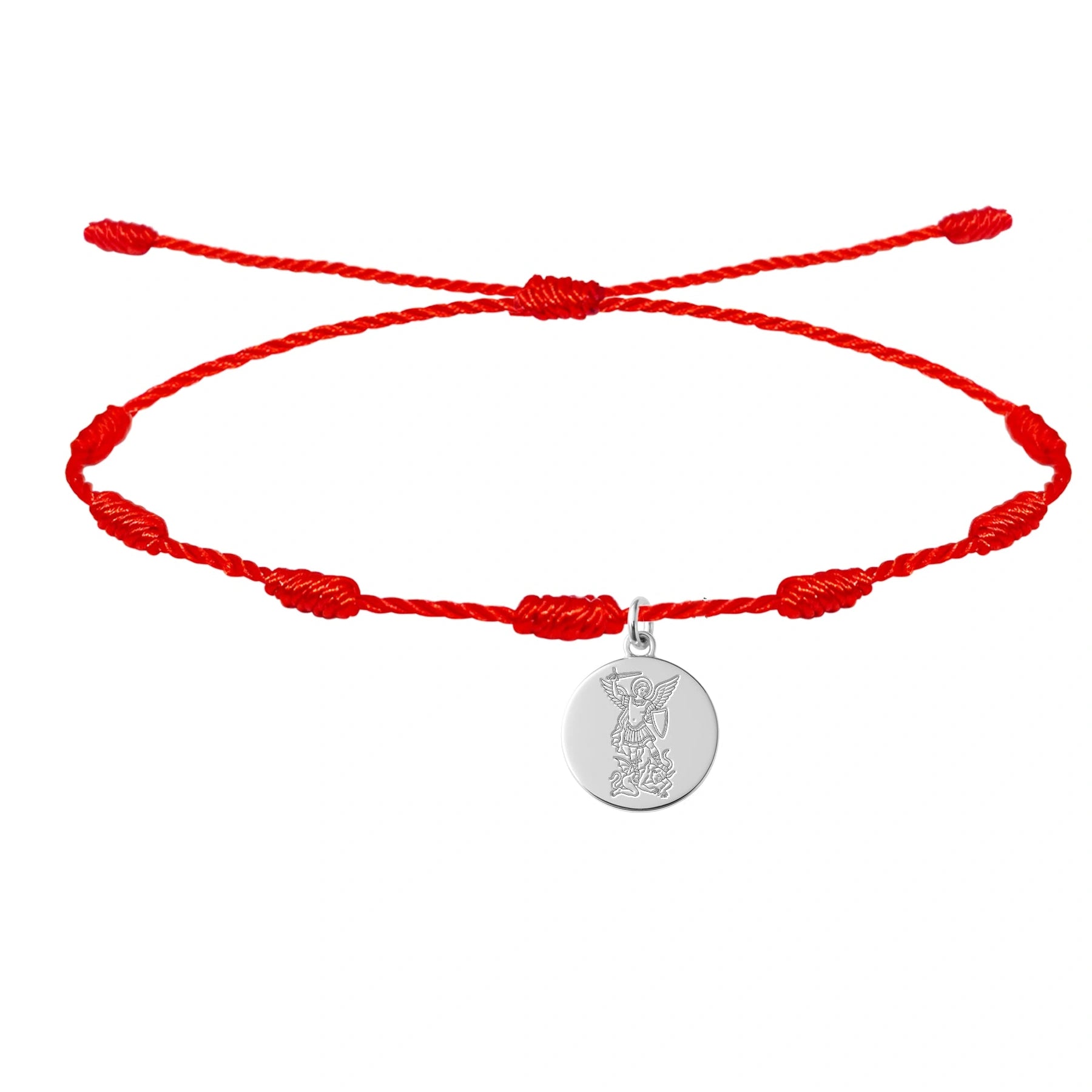 Pulsera de 7 Nudos con San Miguel Arcángel en Acero Inoxidable - Plateado sobre fondo blanco
