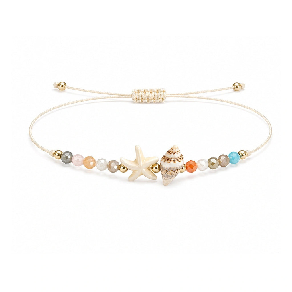 Pulsera de Piedras Naturales con Estrella de Mar y Concha sobre fondo blanco