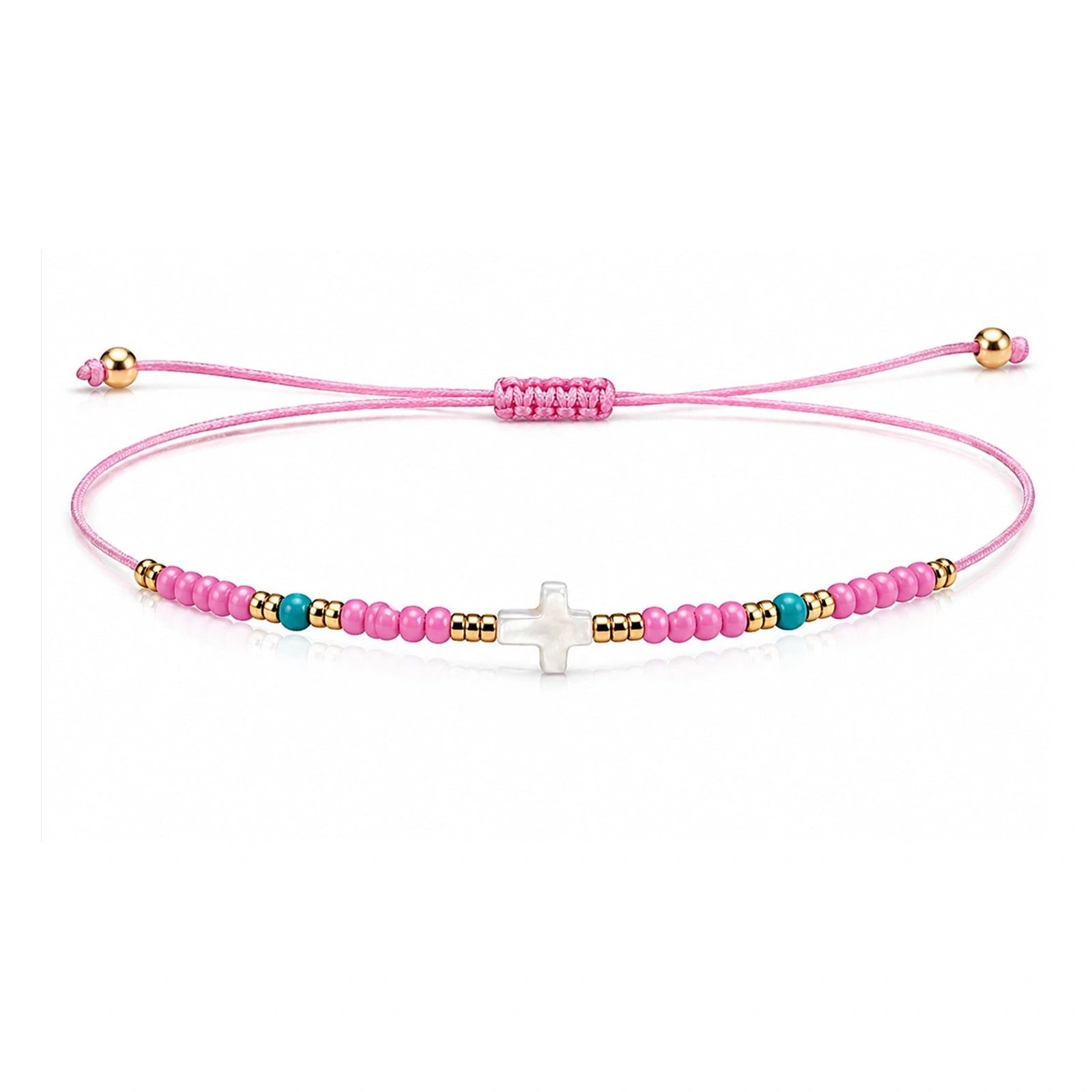 Pulsera de Cuentas con Cruz de Nácar sobre fondo blanco