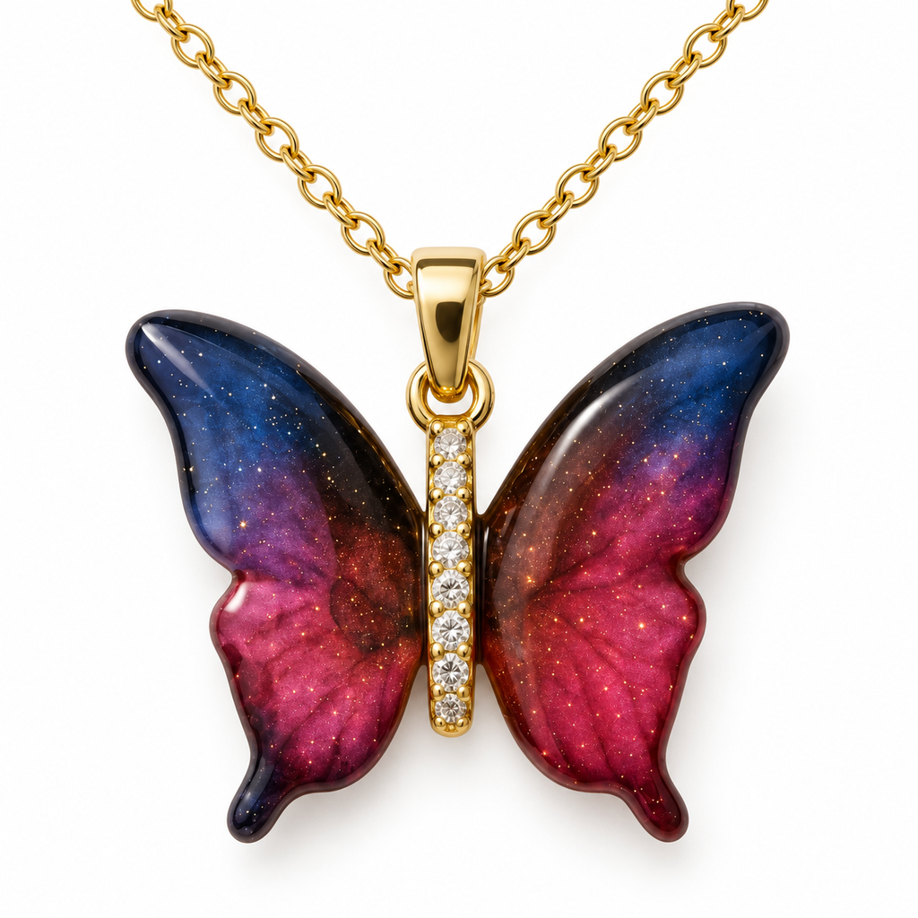 Collar con mariposa azul y rosa: detalle frontal