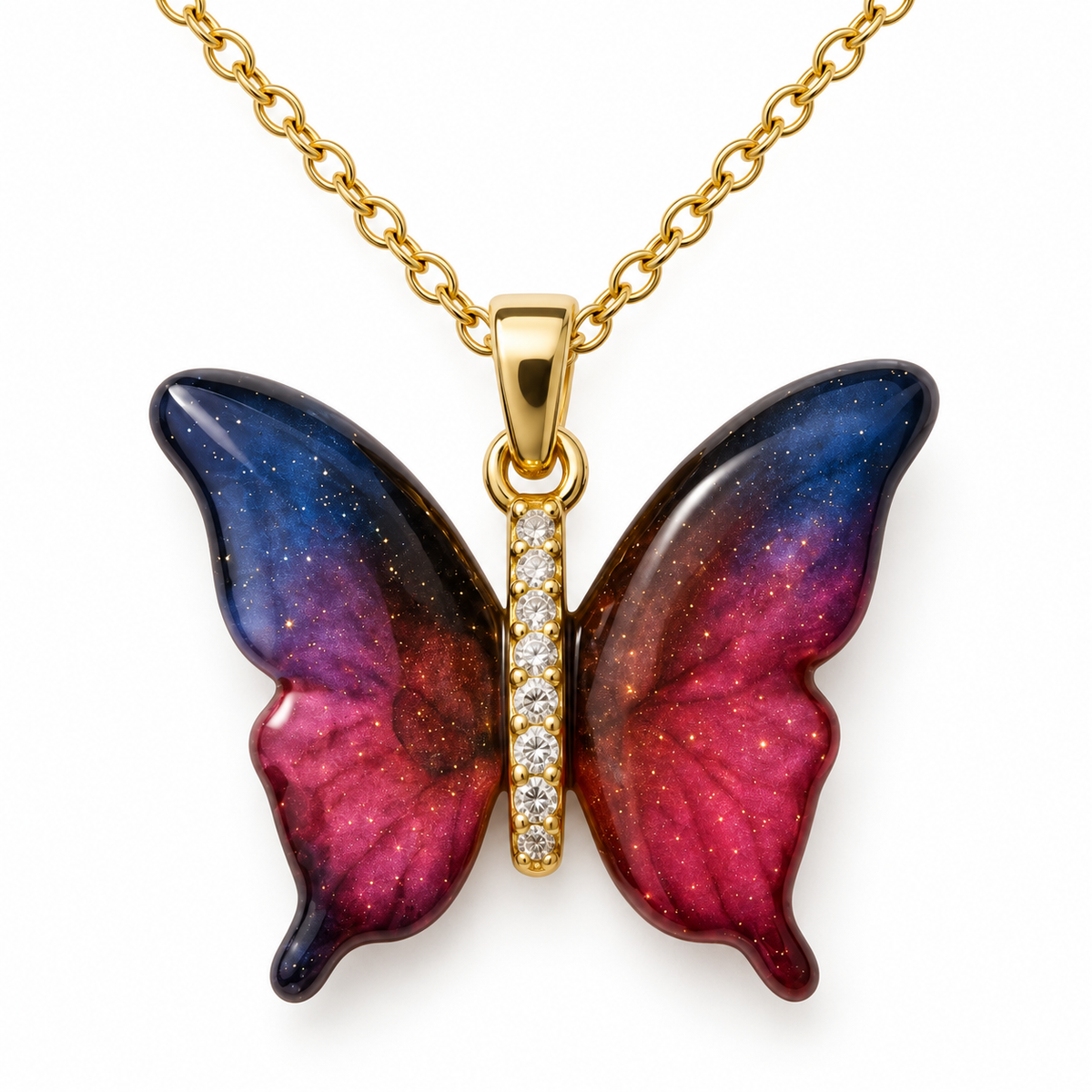 Collar con mariposa azul y rosa: detalle frontal