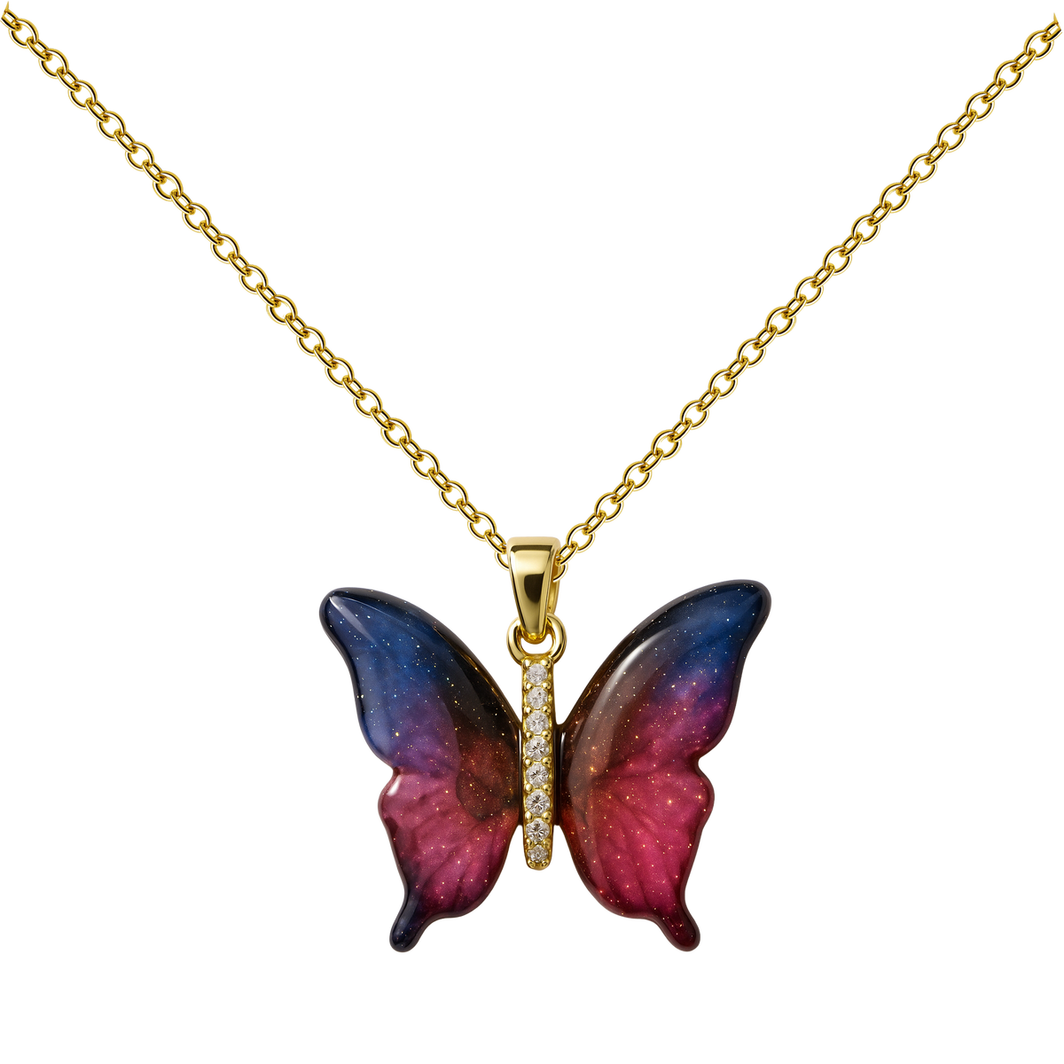 Collar de mariposa en tonos rosas y azules, con cuerpo de tono dorado, sobre fondo blanco.