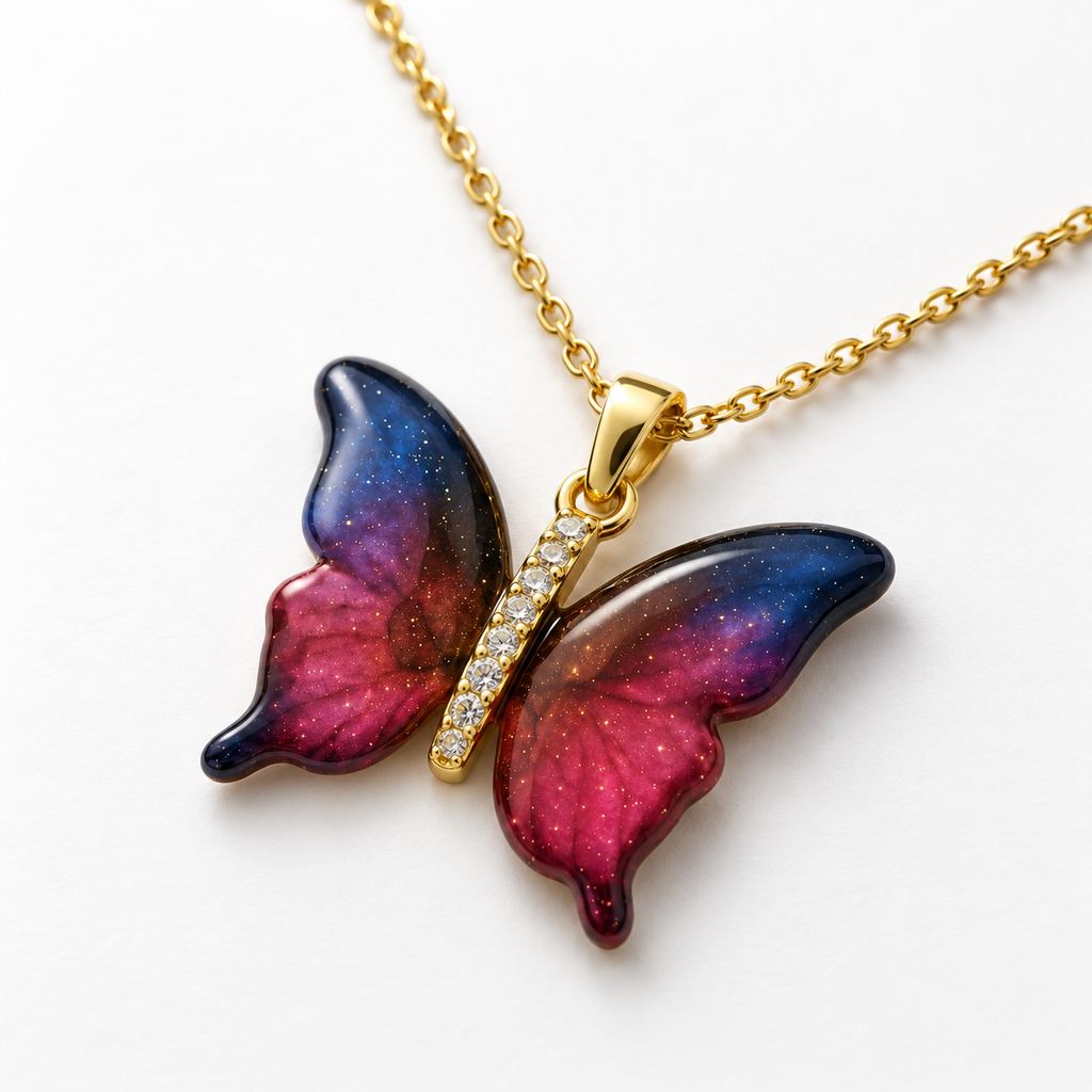 Collar con mariposa azul y rosa en vista oblicua sobre una superficie blanca