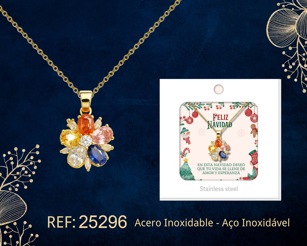 Colar dourado de flor multicolor junto do seu cartão para oferta, sobre fundo escuro.