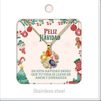 Colar dourado de flor multicolor, apresentado num cartão de Natal.