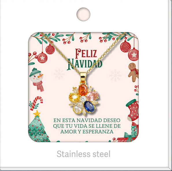 Collar dorado de flor multicolor, presentado en tarjeta navideña.