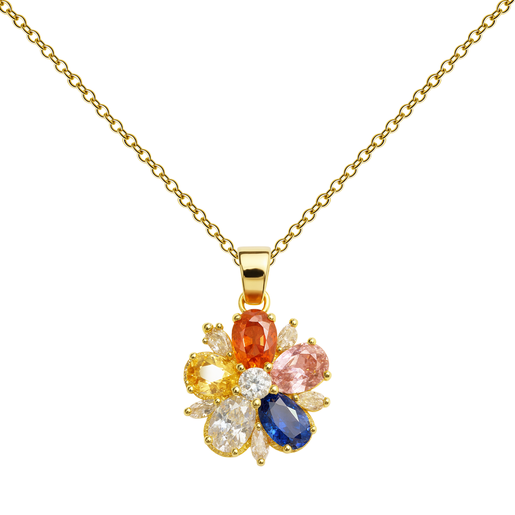 Colar dourado de flor multicolor, com pétalas cor-de-rosa, amarelas e azuis, sobre fundo branco.